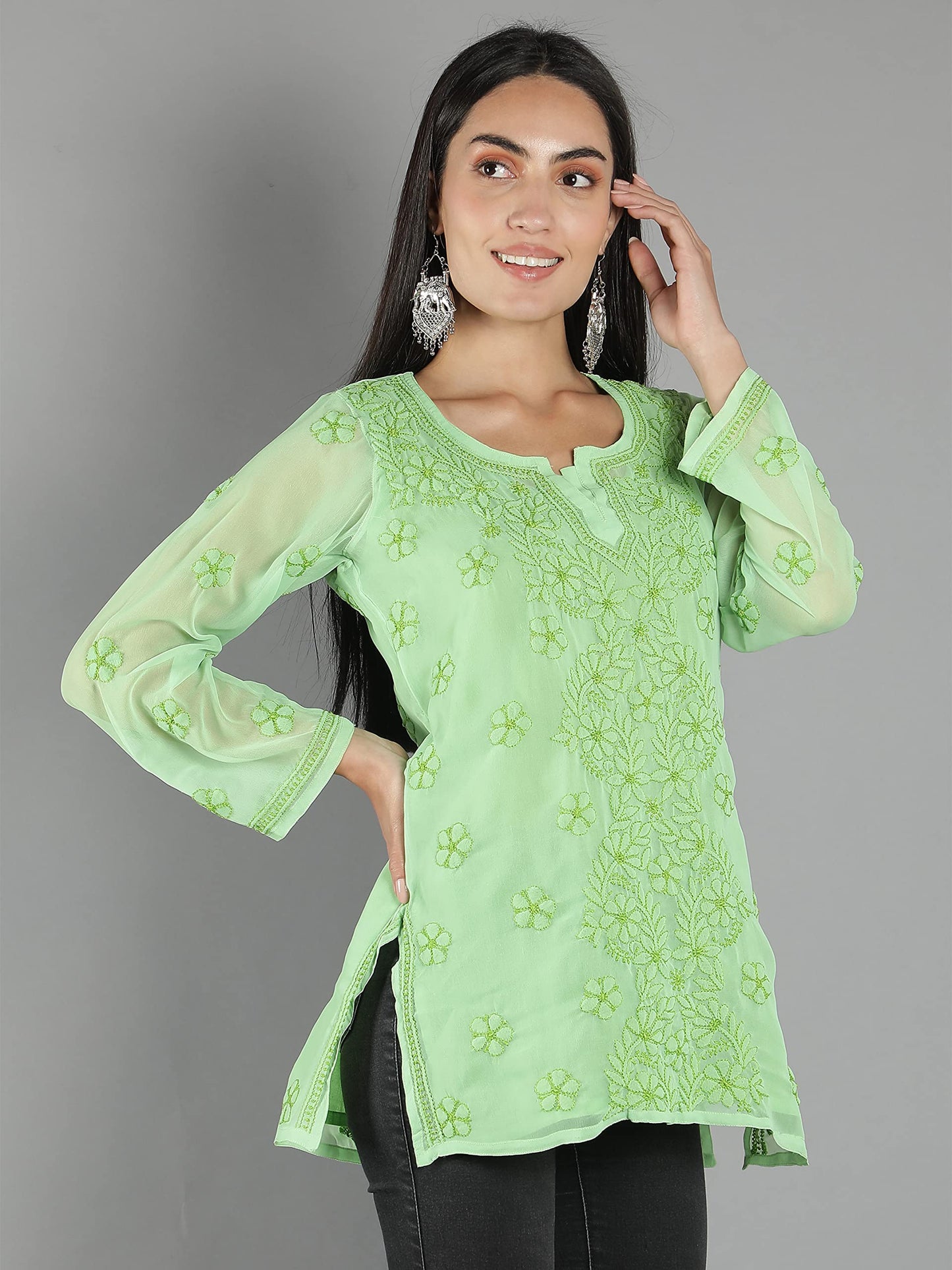 Seva Chikan Hand Embroidered Lucknowi Chikankari Green Georgette Short Top Tunic with Matching Inner Slip for Womens (Green) - SaumyasStore