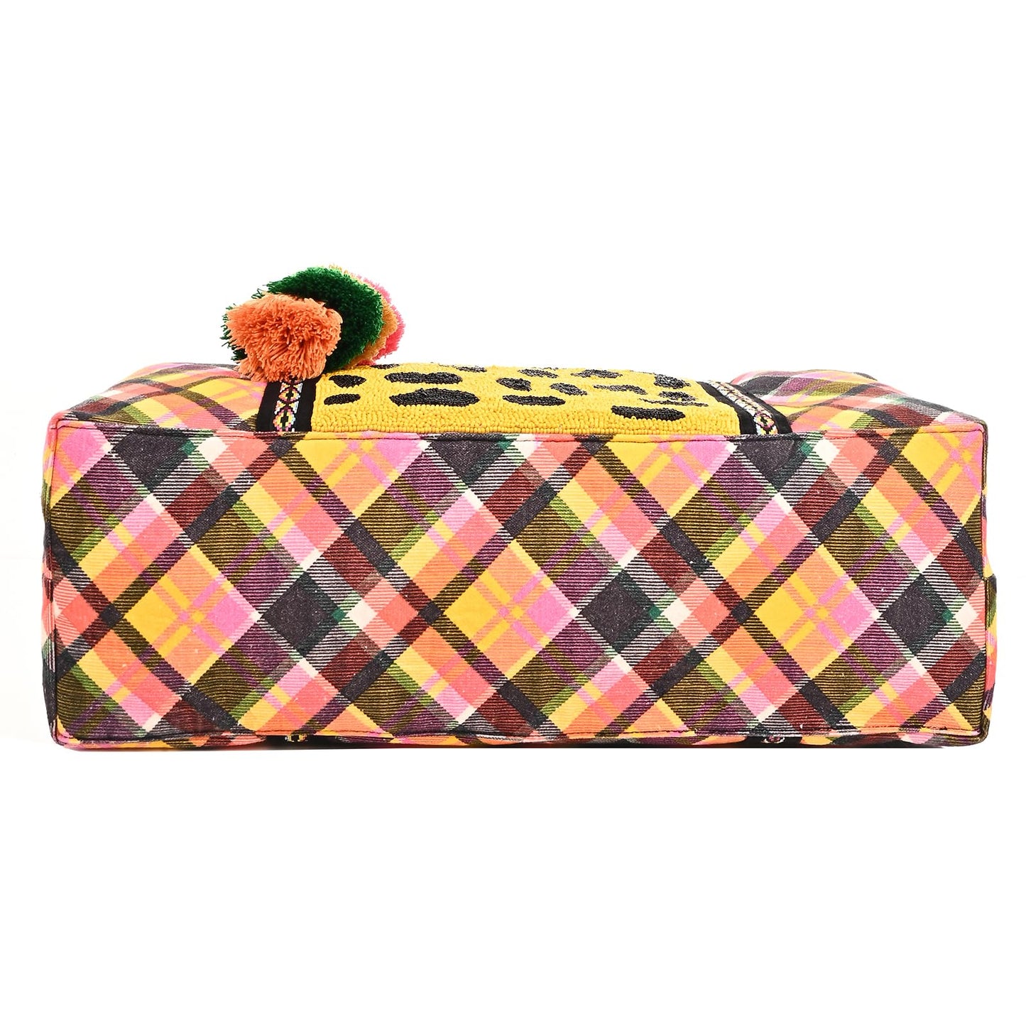 Boho Girl Cheetah Embellished Checkered Tote | Shoulder Bag with Inner Zip Pocket - Jacquard Handbag for Travel and Any Occassion - SaumyasStore