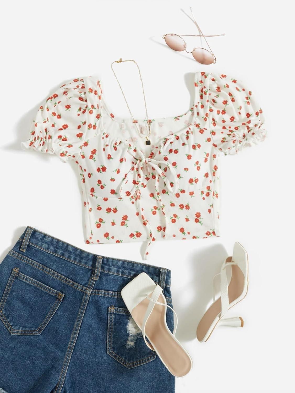 AAHWAN Puff Sleeves Floral Print Crop Top For Women's - SaumyasStore