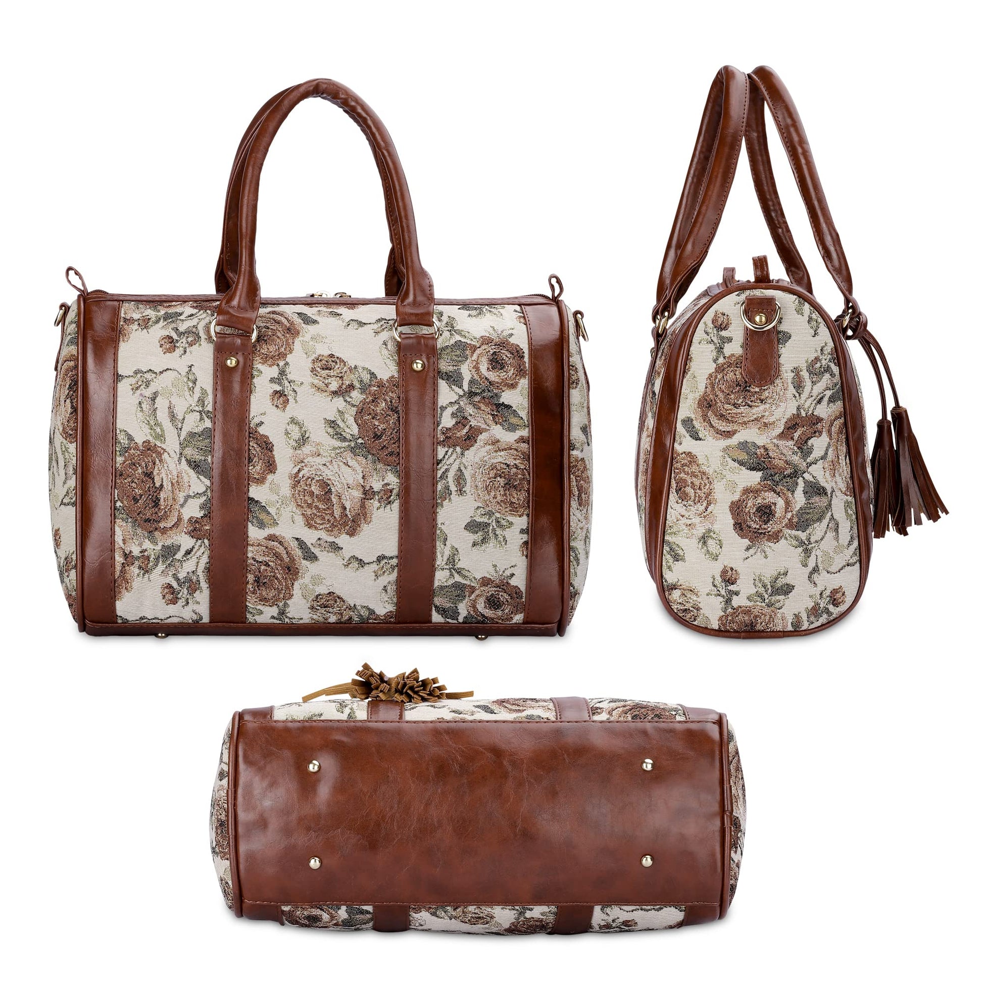 THE CLOWNFISH Lorna Tapestry Fabric & Faux Leather Handbag Sling Bag for Women Office Bag Ladies Shoulder Bag Tote For Women College Girls (Brown-Floral) - SaumyasStore