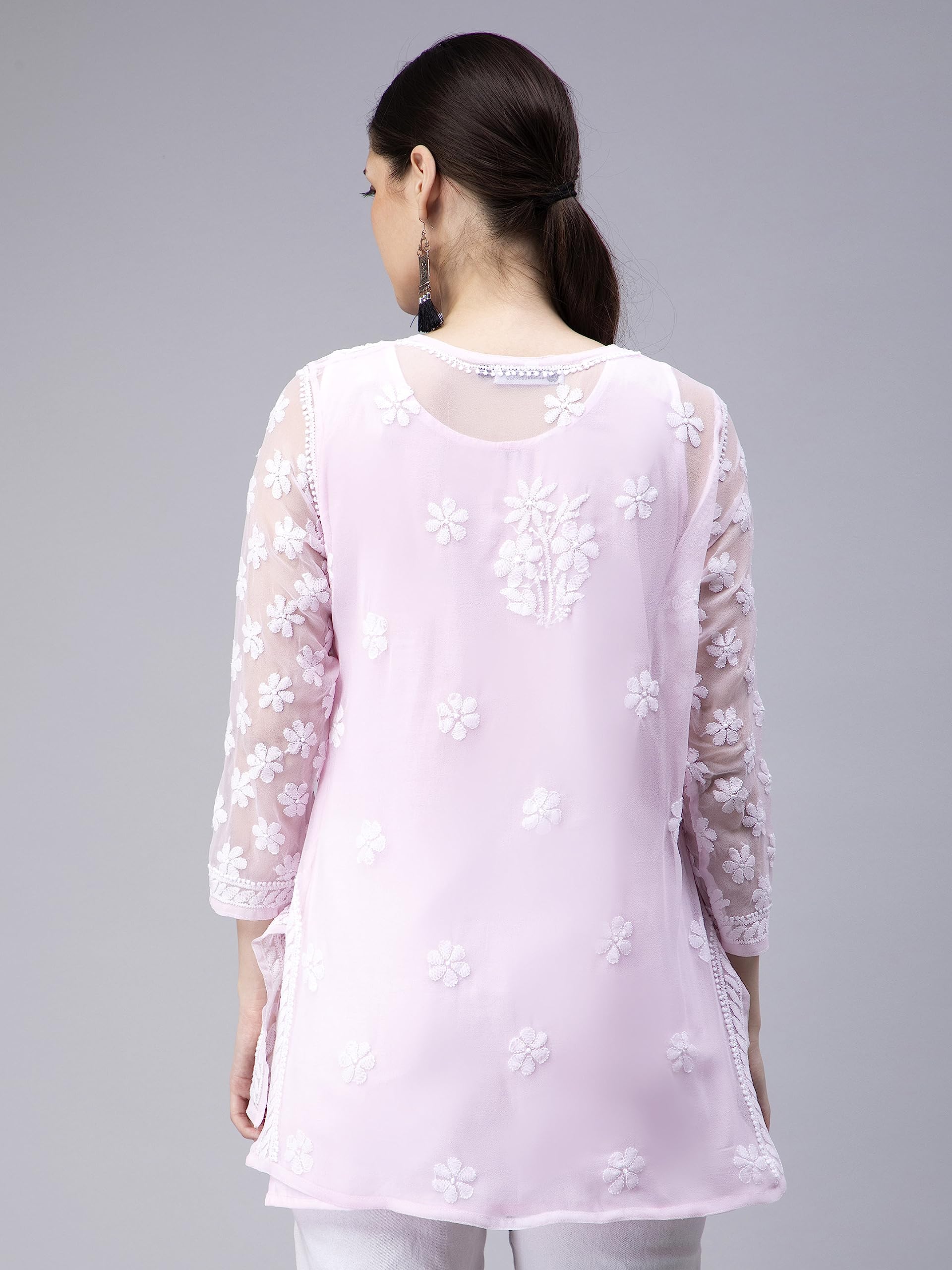 Seva Chikan Hand Embroidered Lucknowi Chikankari Pink Georgette Women Short Top & Tunic (Pink) - SaumyasStore