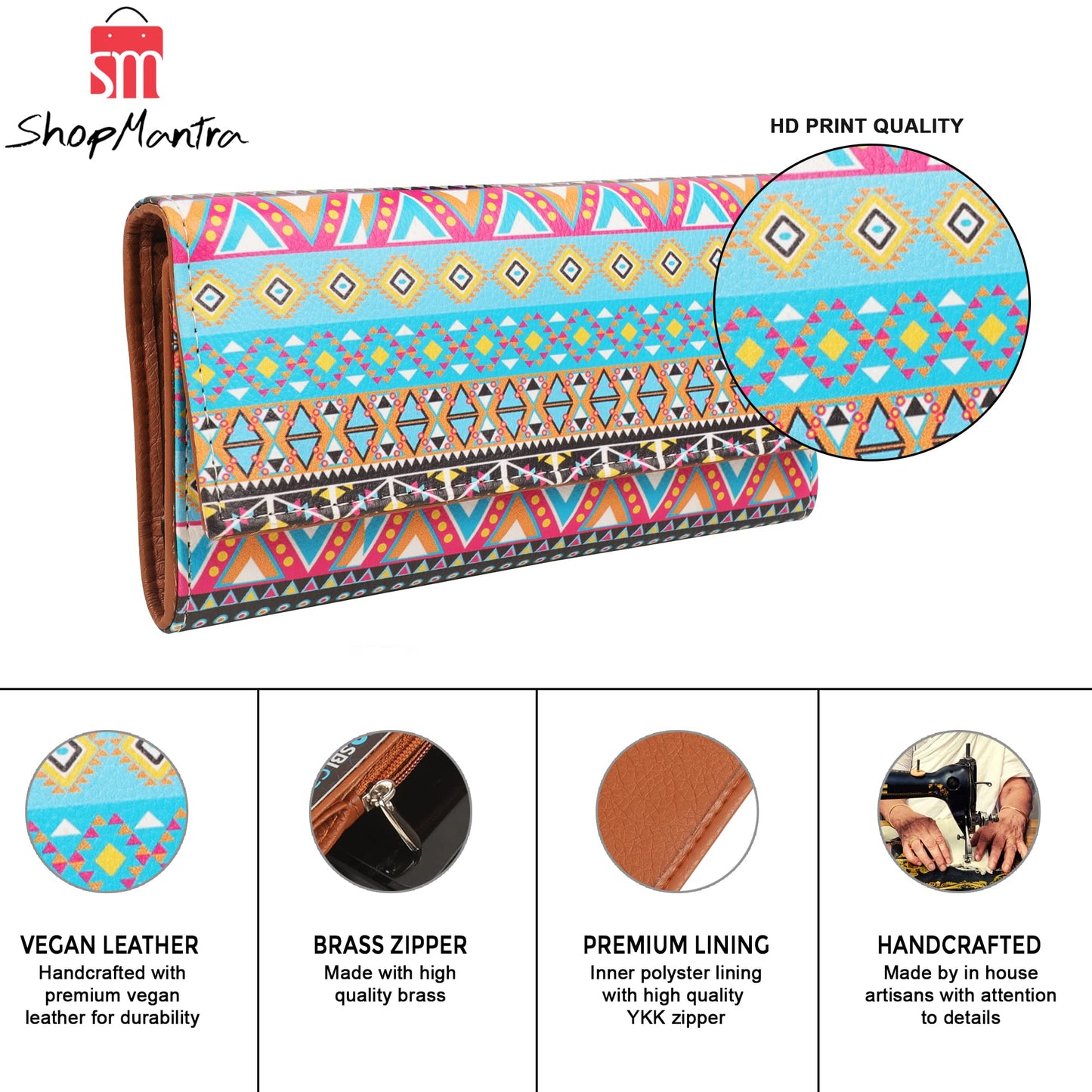 ShopMantra Women's Wallet Unique Print | Clutch | Vegan Leather | 11 Cards 1 ID Slot | 2 Notes and 1 Coin Compartment | Key Holder | Magnetic Closure | Multicolor-Ethnic Pattern - SaumyasStore