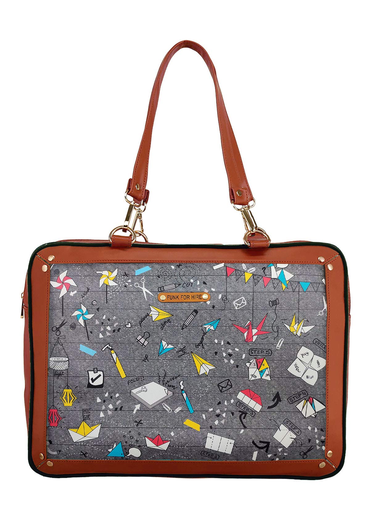 Funk For Hire Leatherette Women's Printed 2 In 1 Backpack Shoulder Bag Handbag Fit Up To 15.6" Laptop - Grey And Brown - SaumyasStore