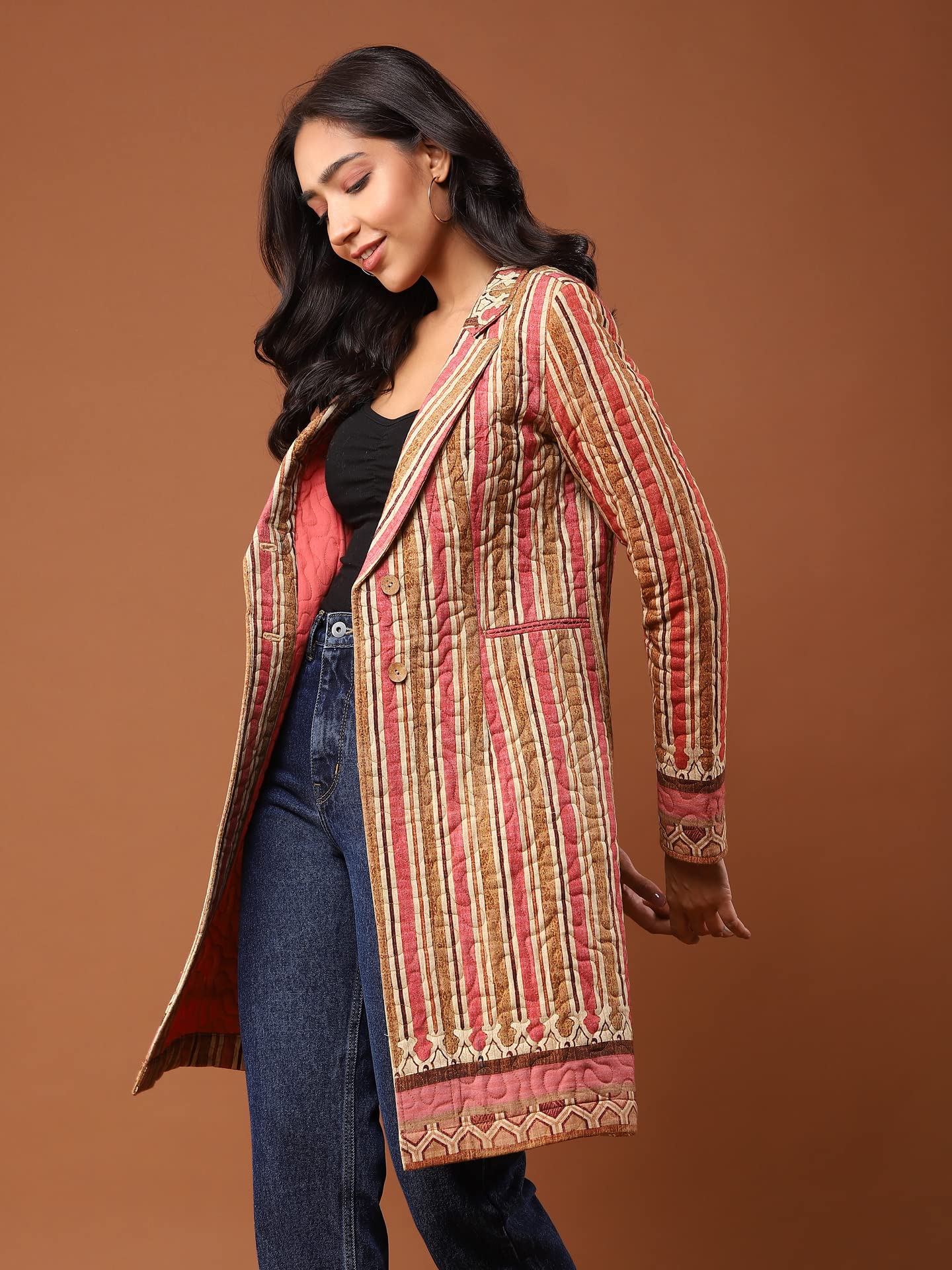Aarke Ritu Kumar Brown Striped Trench Coat - SaumyasStore