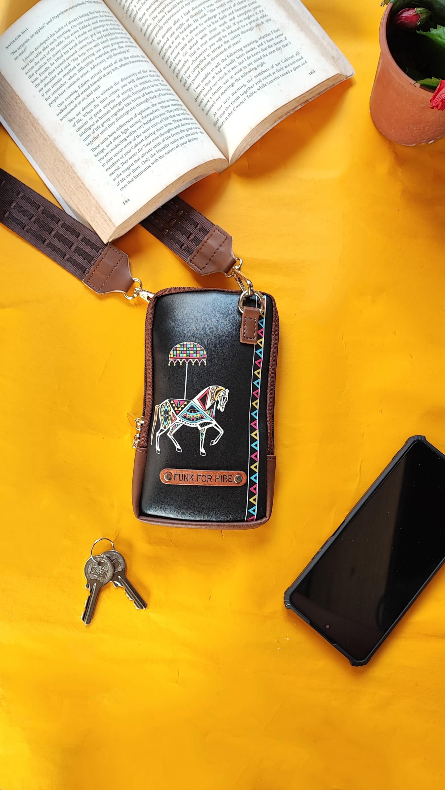 Funk For Hire Leatherette Horse Printed Mobile holder sling bag - Black and Brown - SaumyasStore