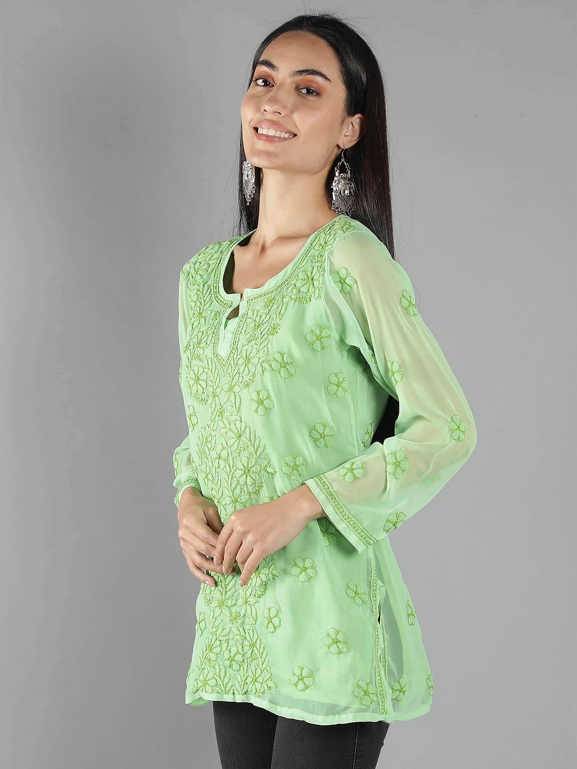 Seva Chikan Hand Embroidered Lucknowi Chikankari Green Georgette Short Top Tunic with Matching Inner Slip for Womens (Green) - SaumyasStore