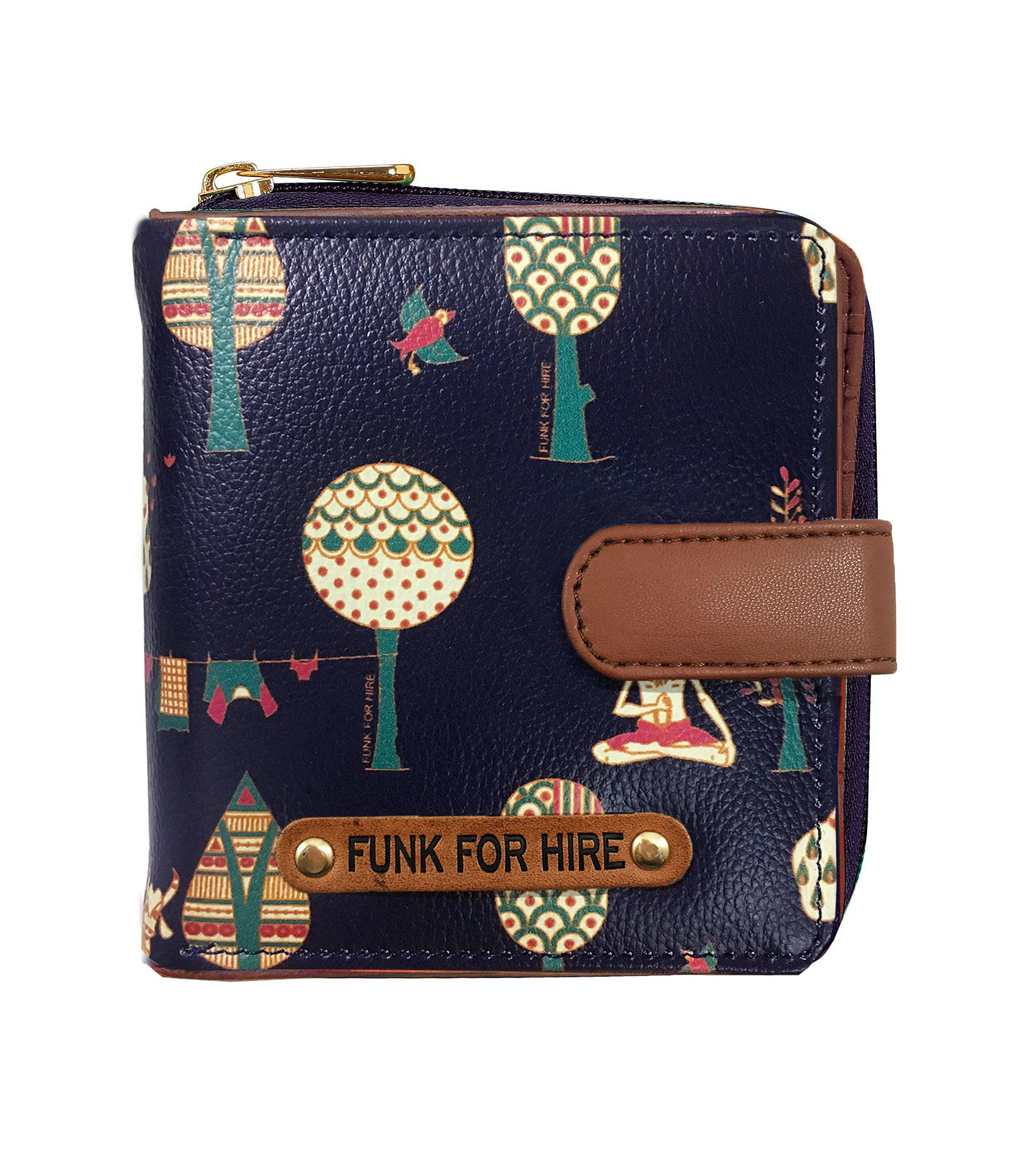 Funk For Hire Women Printed Dark Navy Blue Vegan Leather Square Wallet - SaumyasStore