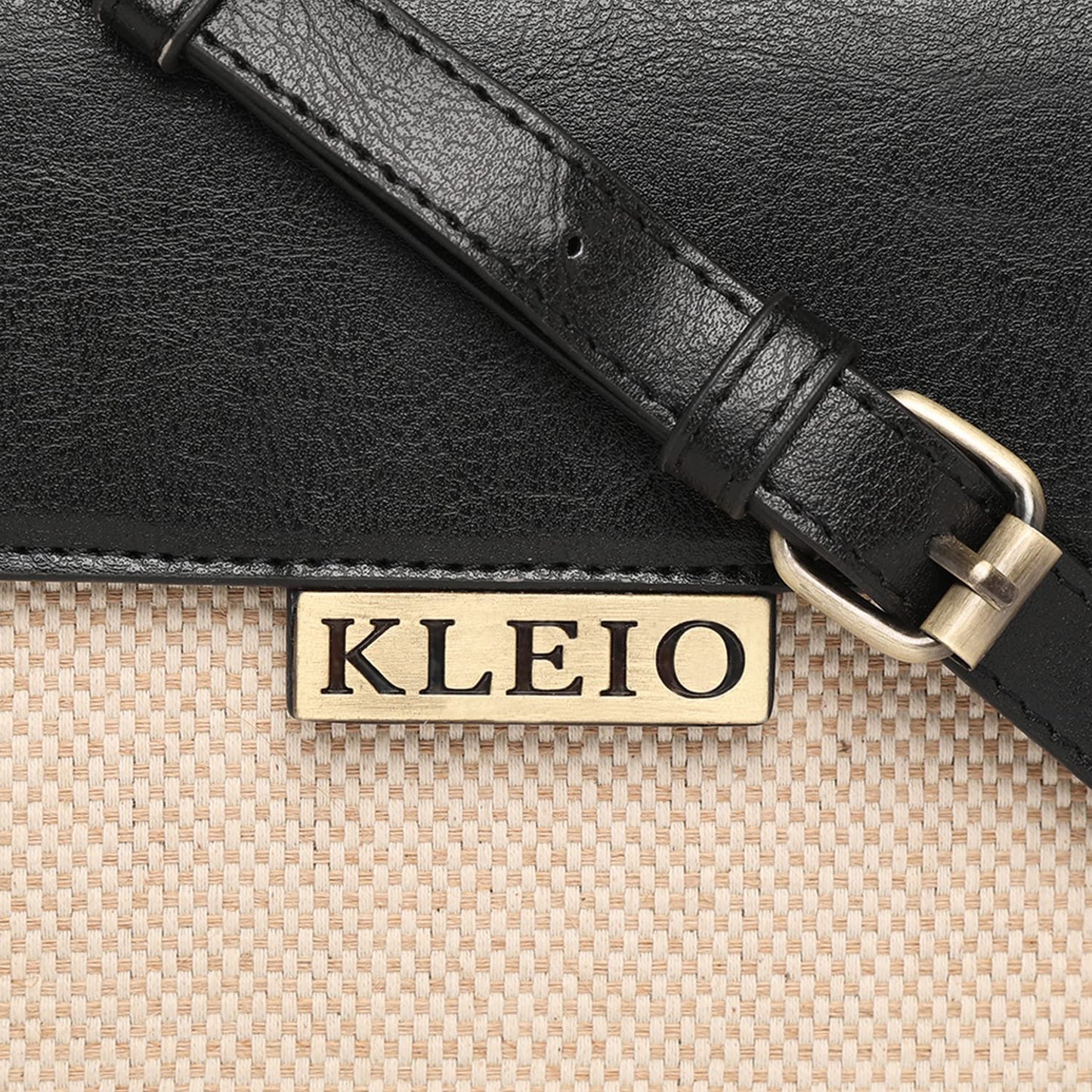 KLEIO Jute Canvas PU Leather Crossbody Side Sling Bag For Women Girls (HO8038KL-BL)(BLACK) - SaumyasStore