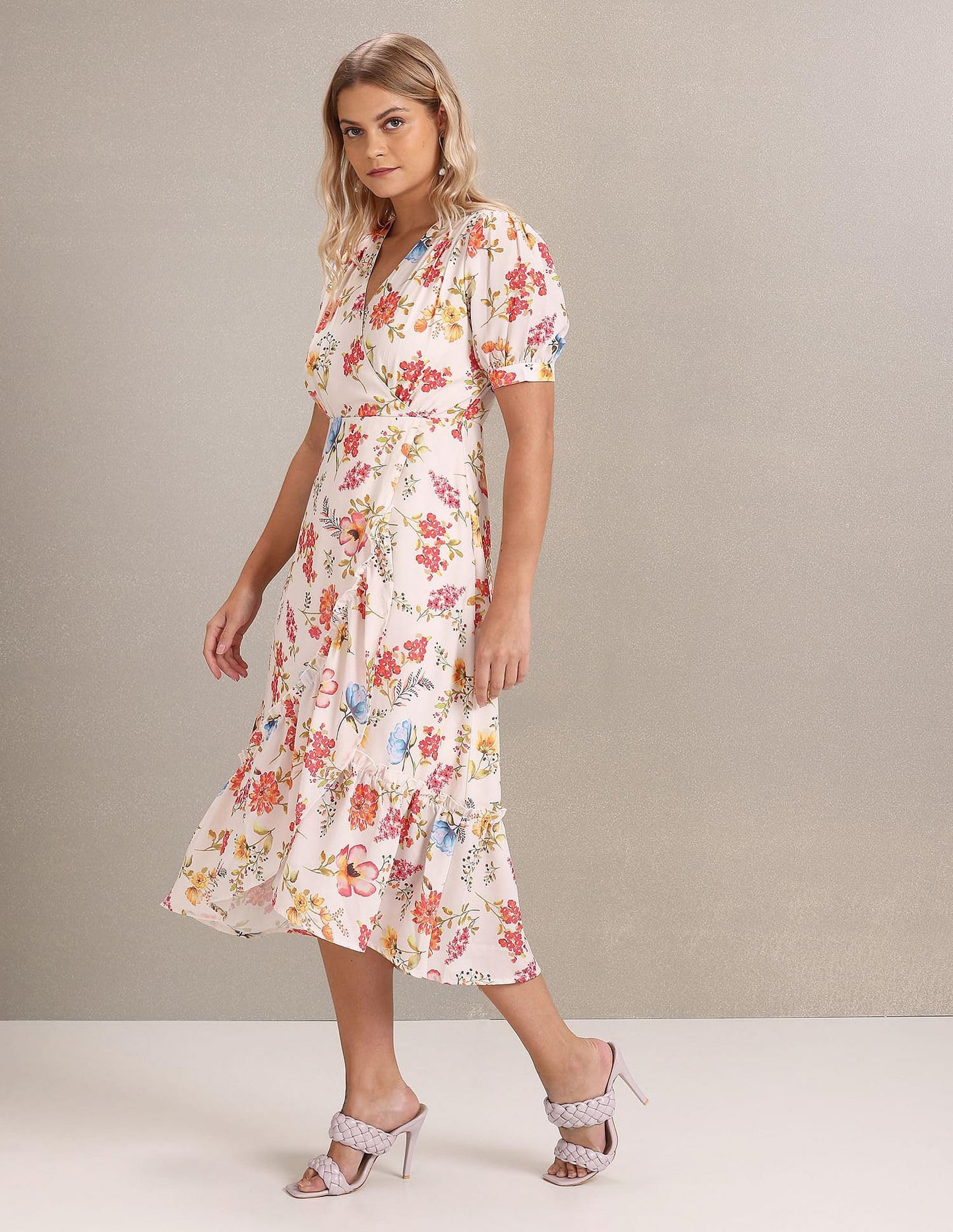 USPOLO Womens Women's Polyester WRAP Midi Casual Dress (White) - SaumyasStore