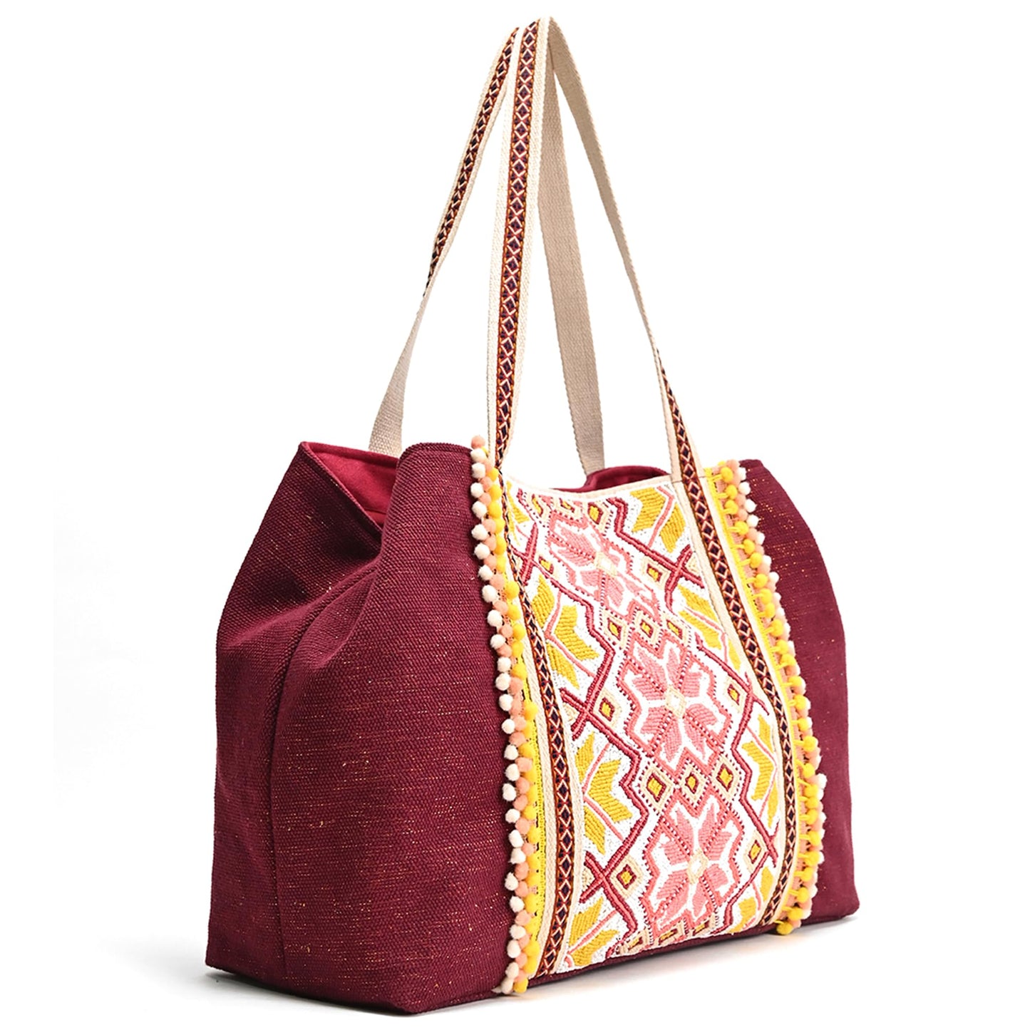 Boho Girl Geometric Beaded Maroon Tote with Pompom Tassles | Canvas Tote Bag for Women and Girls with Zip and Tassels - SaumyasStore