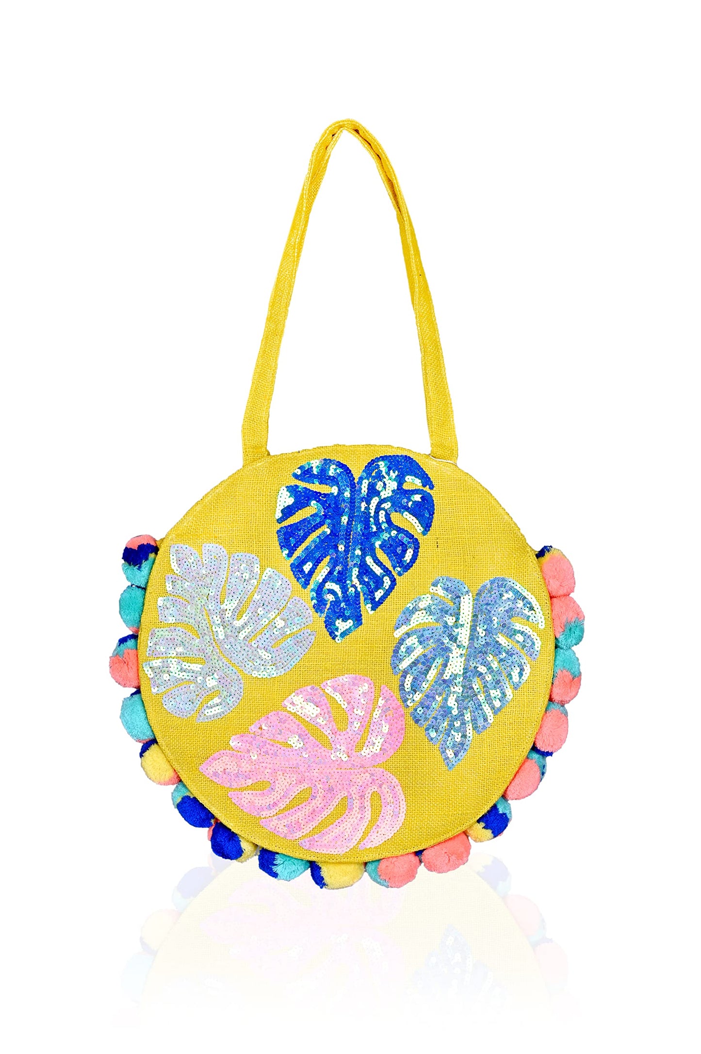 Boho Girl Multicolor Cotton Palm Leaves Jute Round Tote | Boho Beach Bags For Women and Girls - SaumyasStore