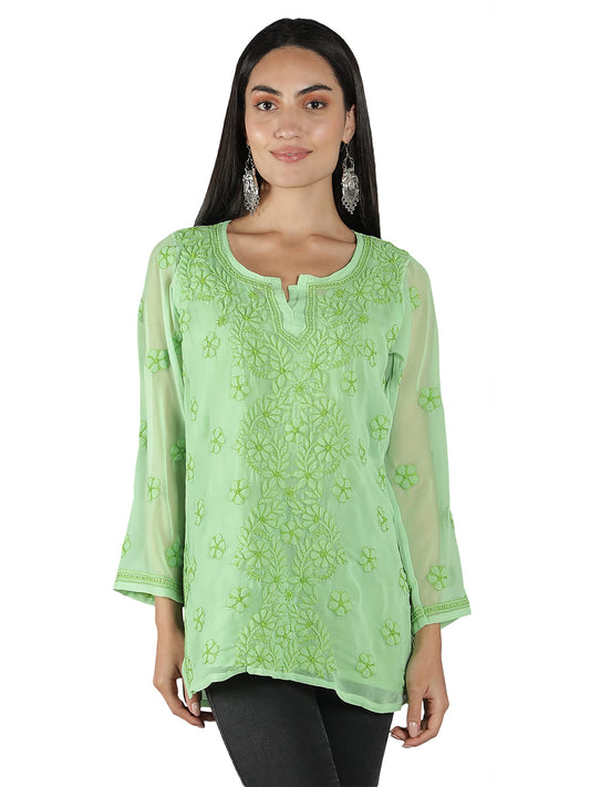 Seva Chikan Hand Embroidered Lucknowi Chikankari Green Georgette Short Top Tunic with Matching Inner Slip for Womens (Green) - SaumyasStore