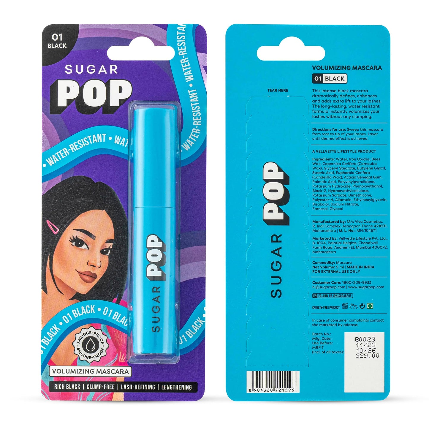 SUGAR POP Volumizing Mascara - 01 Black (Intense Black Pigment) l Adds Definition, Volumizes and Lengthens Lashes, Smudge Proof, Quick Drying, Long Lasting l Lash Defining Mascara with Ergonomically Designed Wand for Women l 9 ml - SaumyasStore