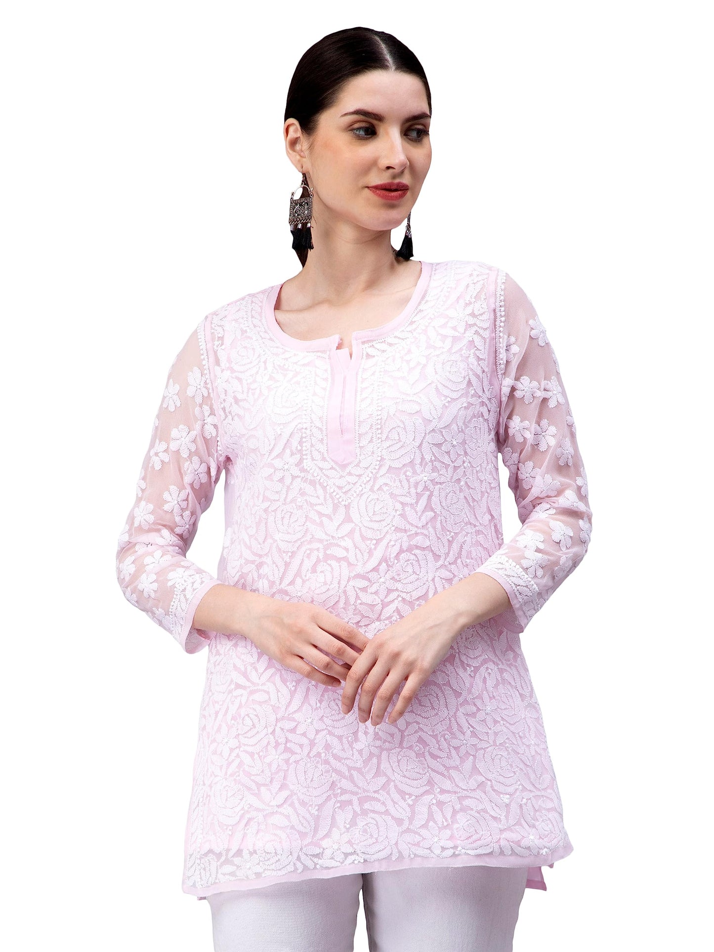 Seva Chikan Hand Embroidered Lucknowi Chikankari Pink Georgette Women Short Top & Tunic (Pink) - SaumyasStore