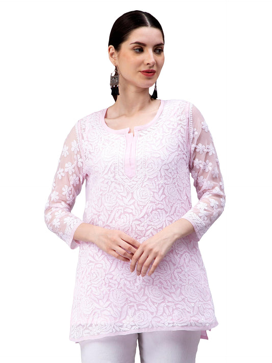 Seva Chikan Hand Embroidered Lucknowi Chikankari Pink Georgette Women Short Top & Tunic (Pink) - SaumyasStore