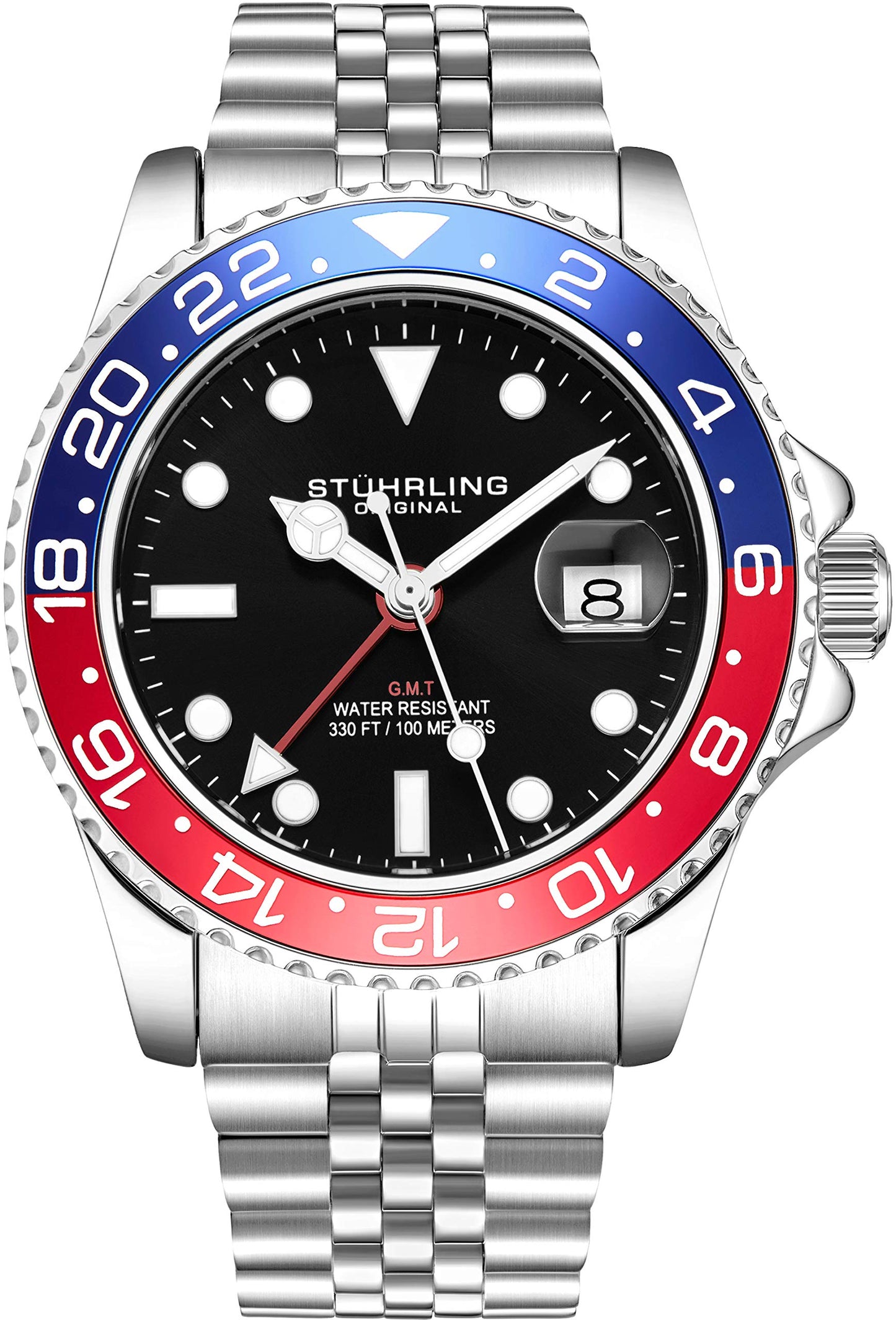 Stuhrling Original Mens Stainless Steel Jubilee Bracelet GMT Watch - Swiss Quartz, Dual Time, Quickset Date with Screw Down Crown, Water Resistant up to 10 ATM, Blue/Red - SaumyasStore