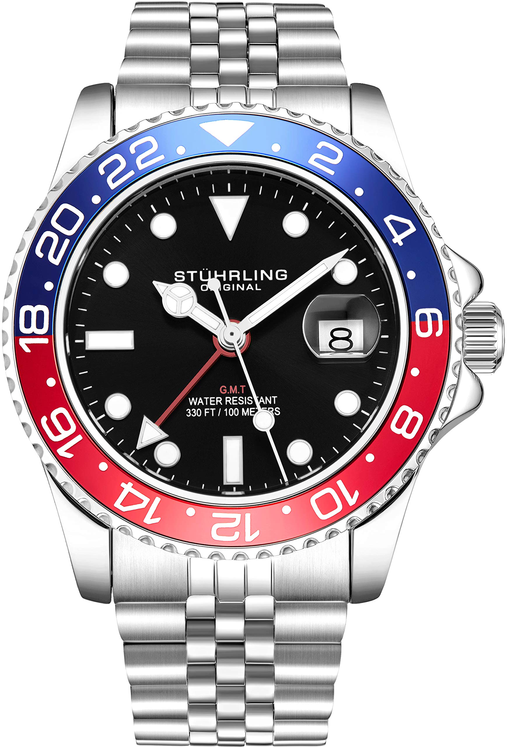Stuhrling Original Mens Stainless Steel Jubilee Bracelet GMT Watch - Swiss Quartz, Dual Time, Quickset Date with Screw Down Crown, Water Resistant up to 10 ATM, Blue/Red - SaumyasStore