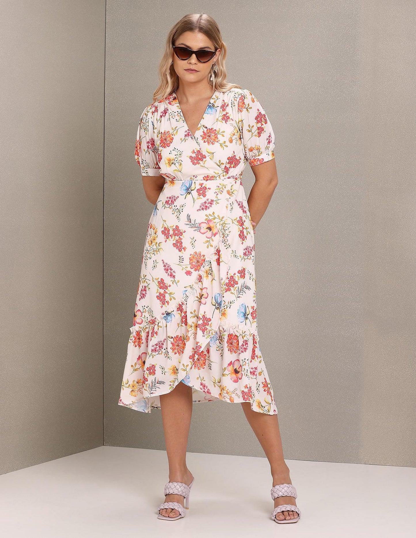 USPOLO Womens Women's Polyester WRAP Midi Casual Dress (White) - SaumyasStore