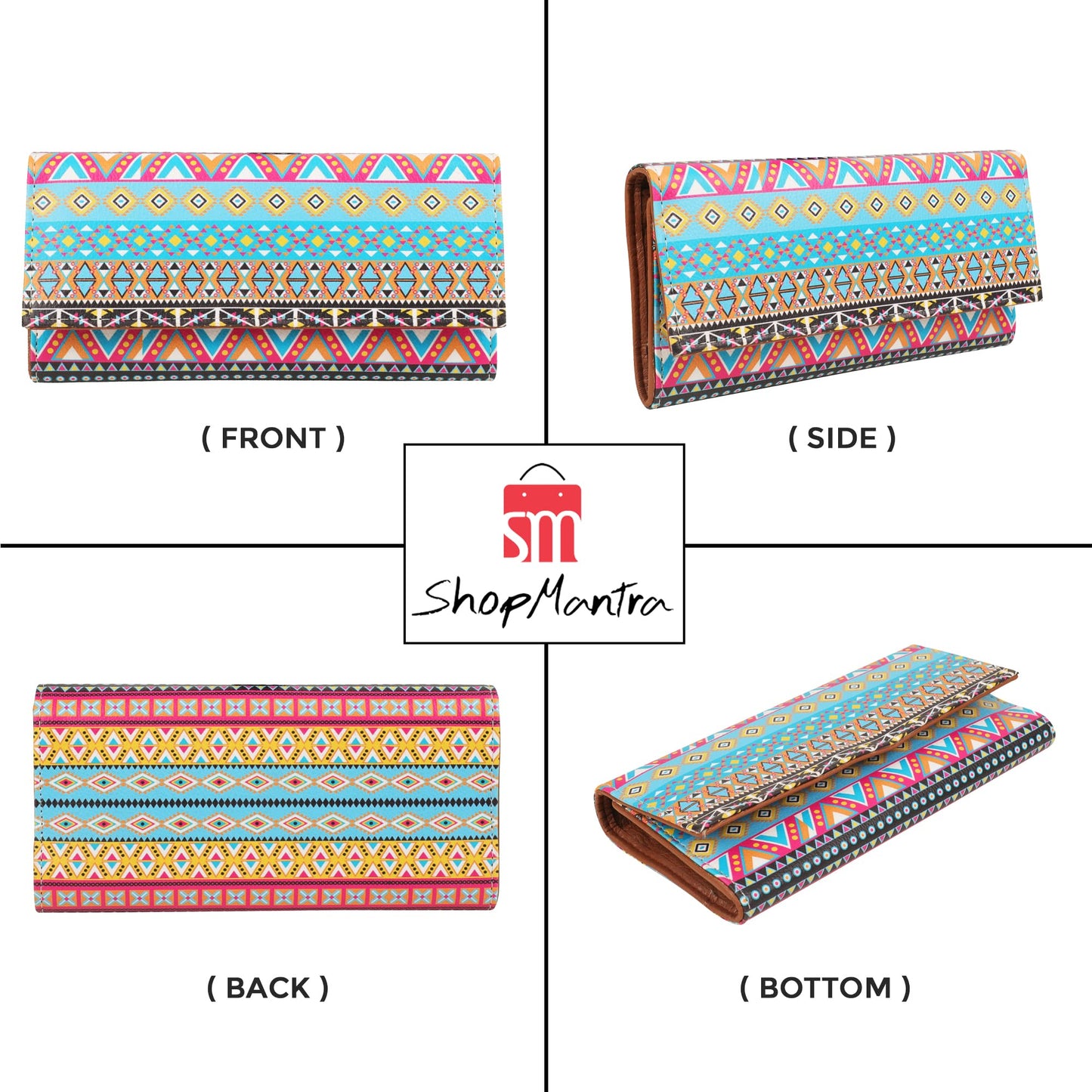 ShopMantra Women's Wallet Unique Print | Clutch | Vegan Leather | 11 Cards 1 ID Slot | 2 Notes and 1 Coin Compartment | Key Holder | Magnetic Closure | Multicolor-Ethnic Pattern - SaumyasStore