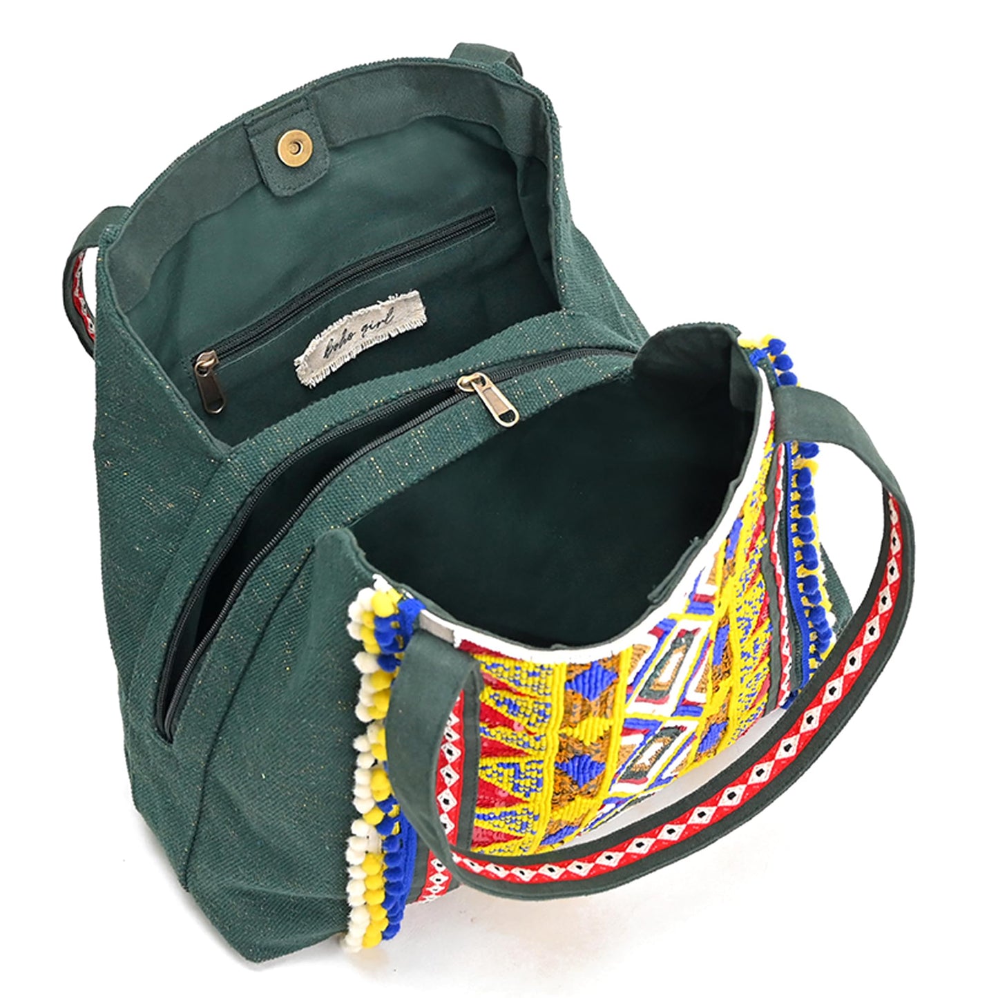 Boho Girl Diamond Pattern Beaded Green Tote with Pompom Tassles | Large Designer Tote Bag for Girls and Women | Canvas Handbag | Stylish Casual Bag - SaumyasStore