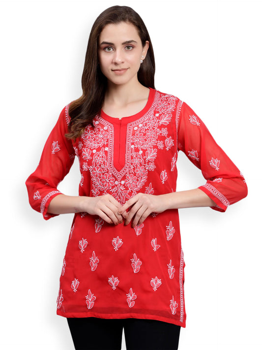 Seva Chikan Hand Embroidered Red Georgette Lucknowi Chikankari Top with Slip (Red) - SaumyasStore