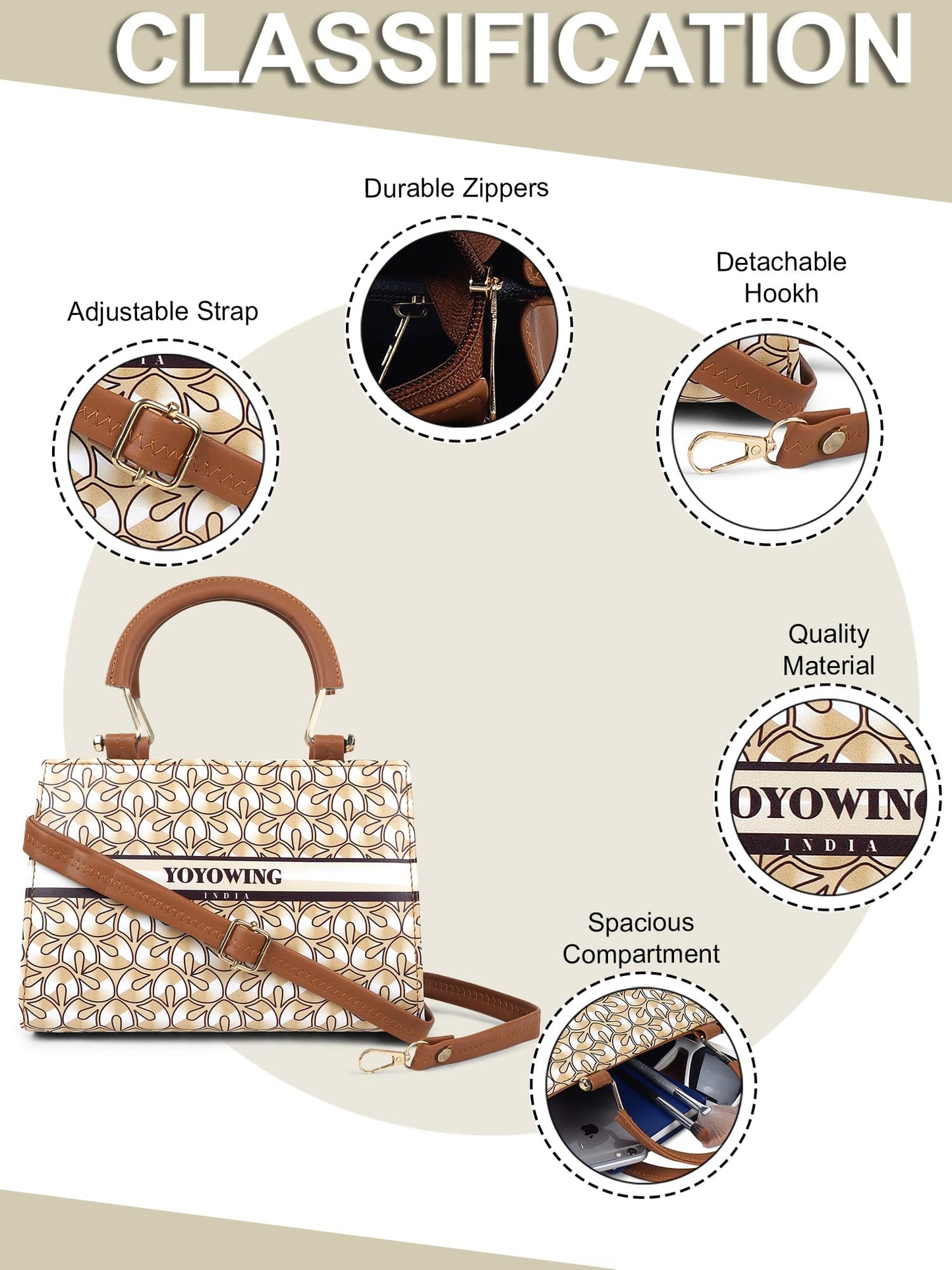 YOYOWING Cherry Brown Sling bag for women PU Synthetic Leather Cross body Ladies sling purse travel Geometric Pattern - SaumyasStore