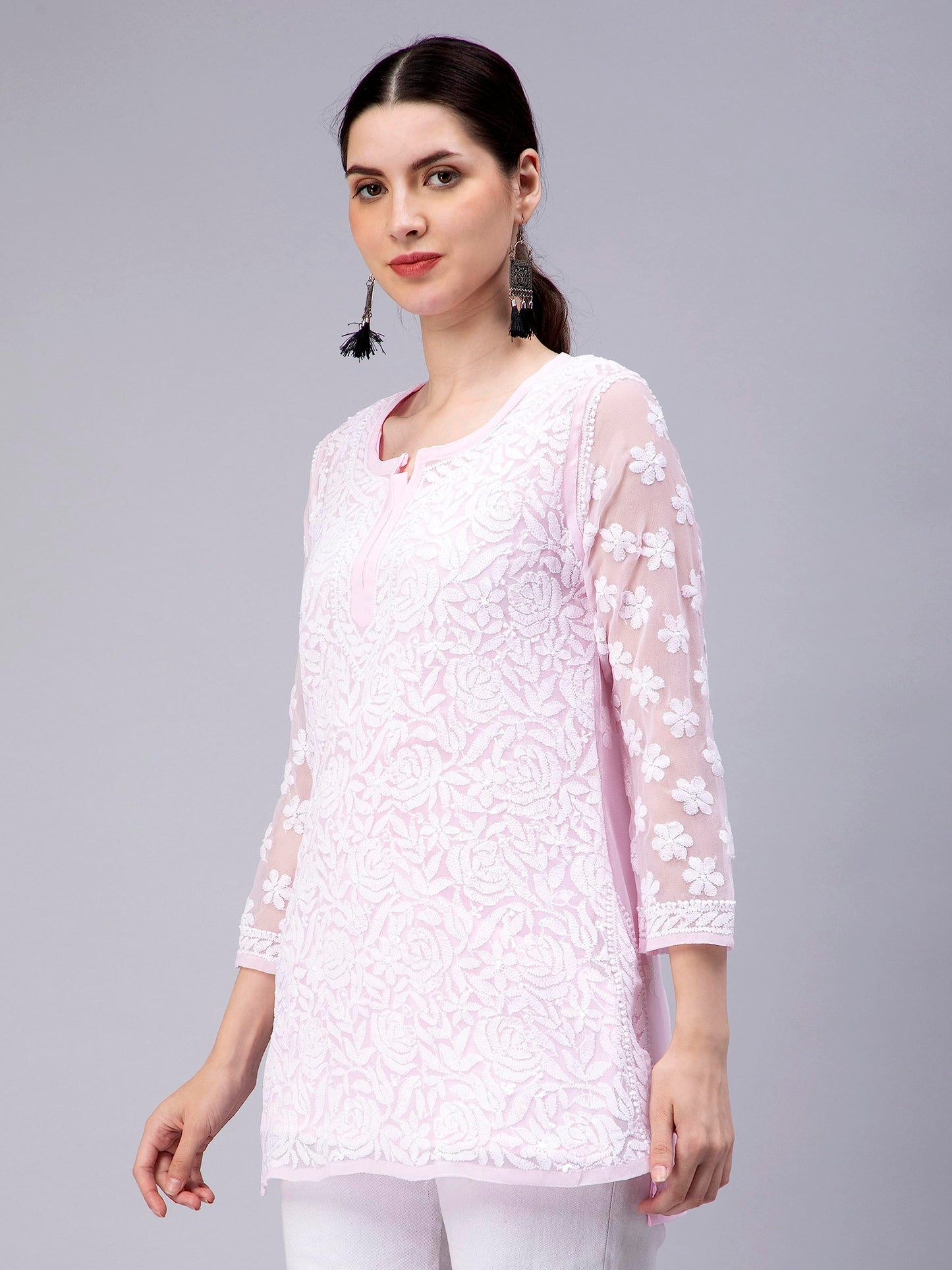 Seva Chikan Hand Embroidered Lucknowi Chikankari Pink Georgette Women Short Top & Tunic (Pink) - SaumyasStore