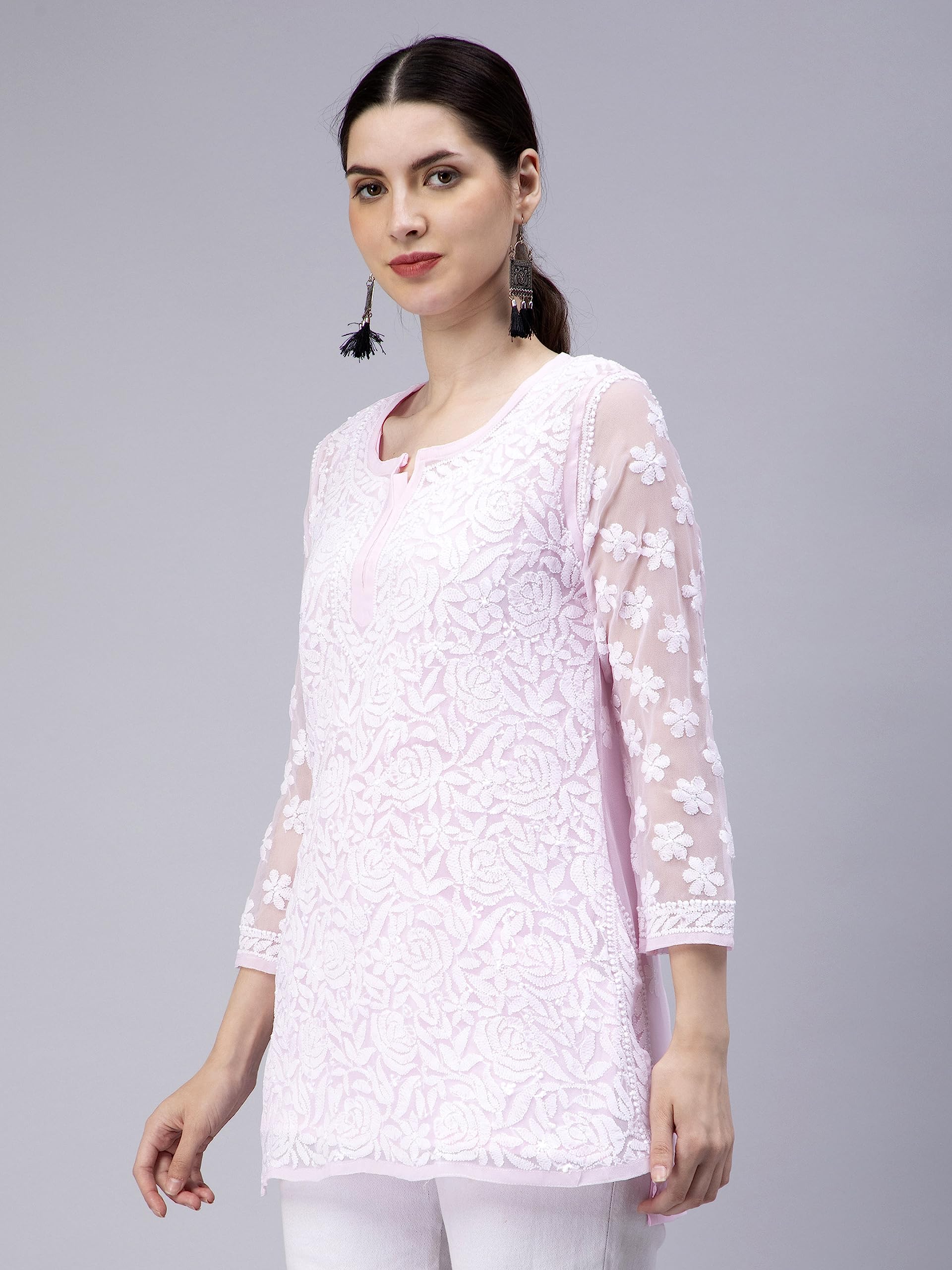 Seva Chikan Hand Embroidered Lucknowi Chikankari Pink Georgette Women Short Top & Tunic (Pink) - SaumyasStore