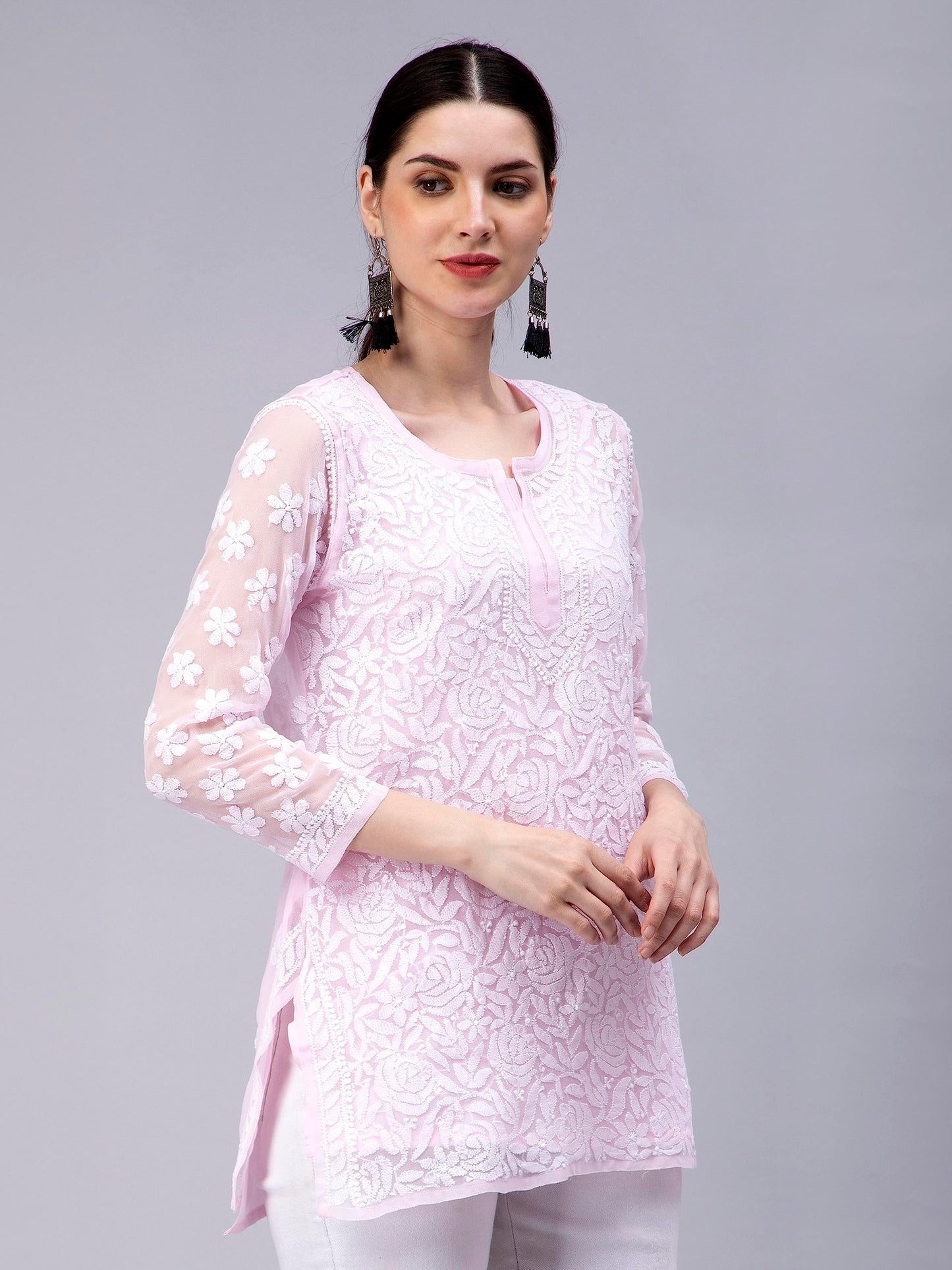 Seva Chikan Hand Embroidered Lucknowi Chikankari Pink Georgette Women Short Top & Tunic (Pink) - SaumyasStore