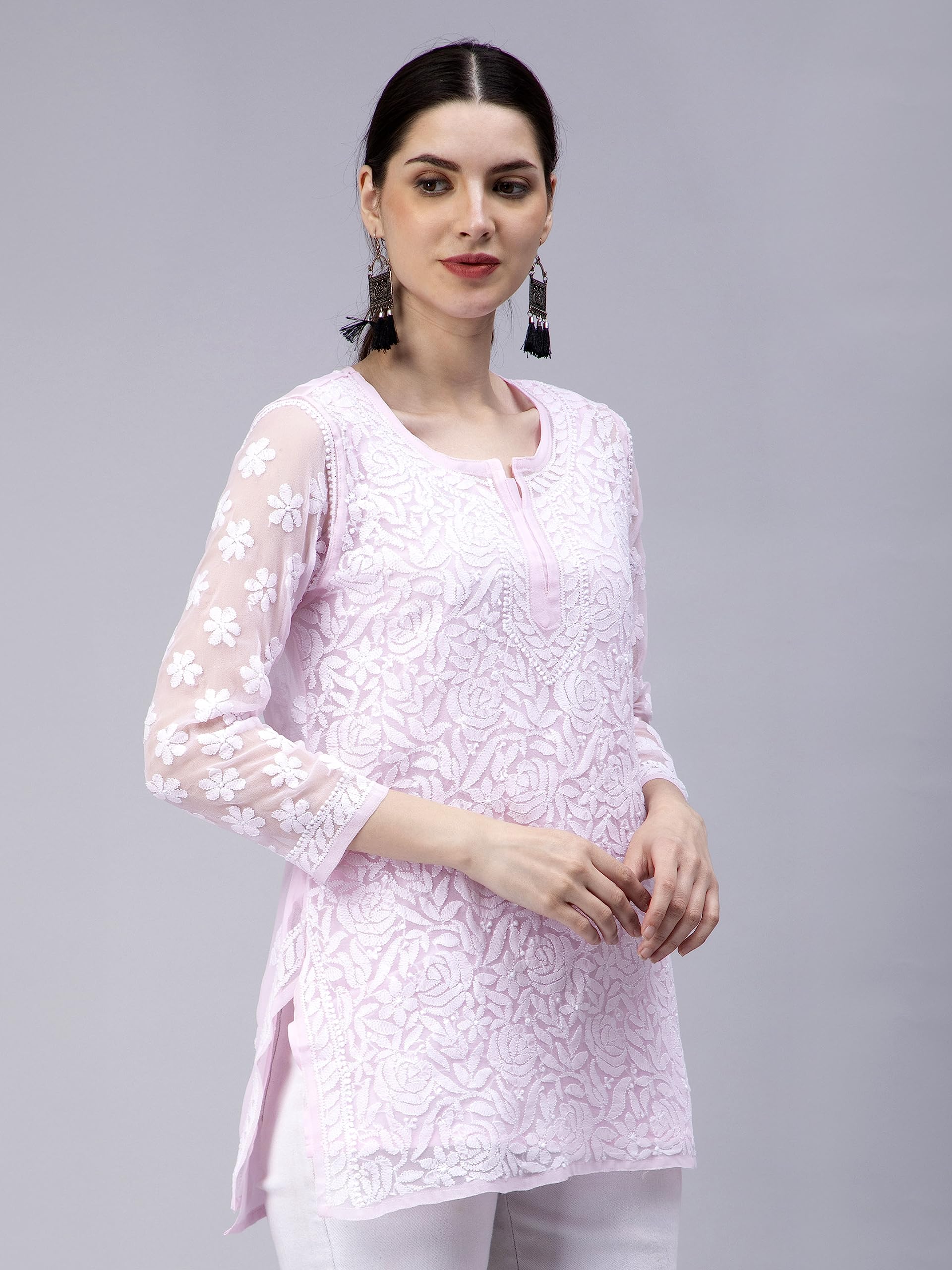Seva Chikan Hand Embroidered Lucknowi Chikankari Pink Georgette Women Short Top & Tunic (Pink) - SaumyasStore