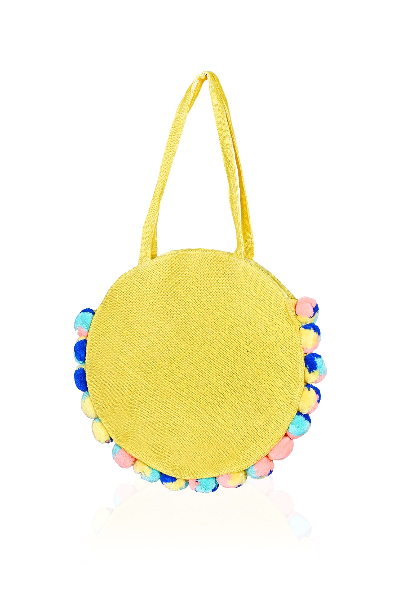 Boho Girl Multicolor Cotton Palm Leaves Jute Round Tote | Boho Beach Bags For Women and Girls - SaumyasStore