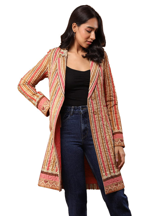 Aarke Ritu Kumar Brown Striped Trench Coat - SaumyasStore