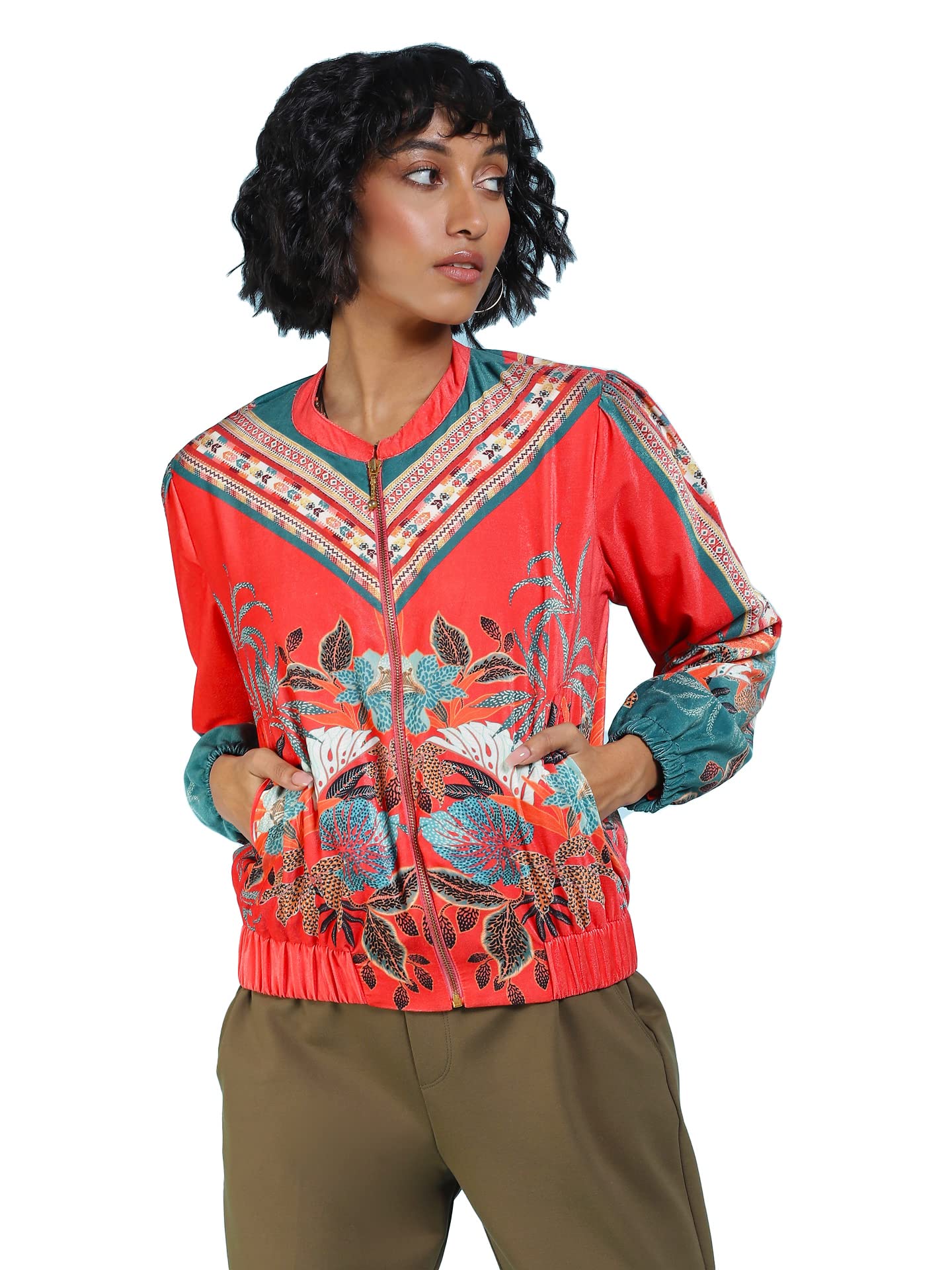 Label RITU KUMAR Women's Leaf Regular Jacket JKTVNS01N29270737-RED-M - SaumyasStore