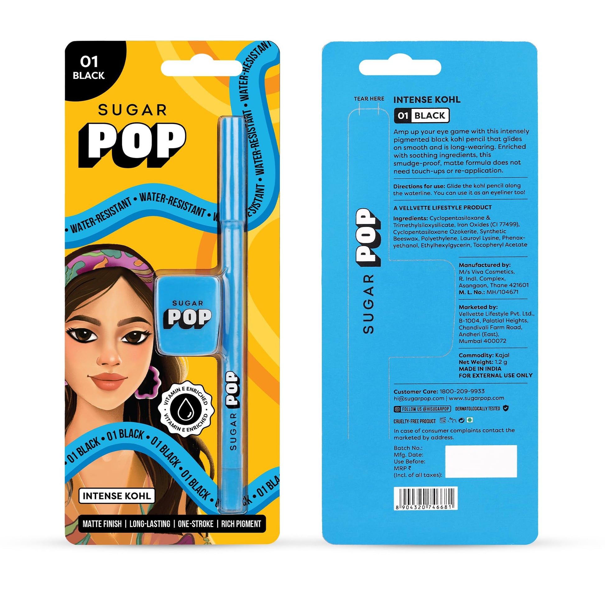 SUGAR POP Intense Kohl - 01 Black | Matte Finish | Water Resistant | with Sharpener - SaumyasStore