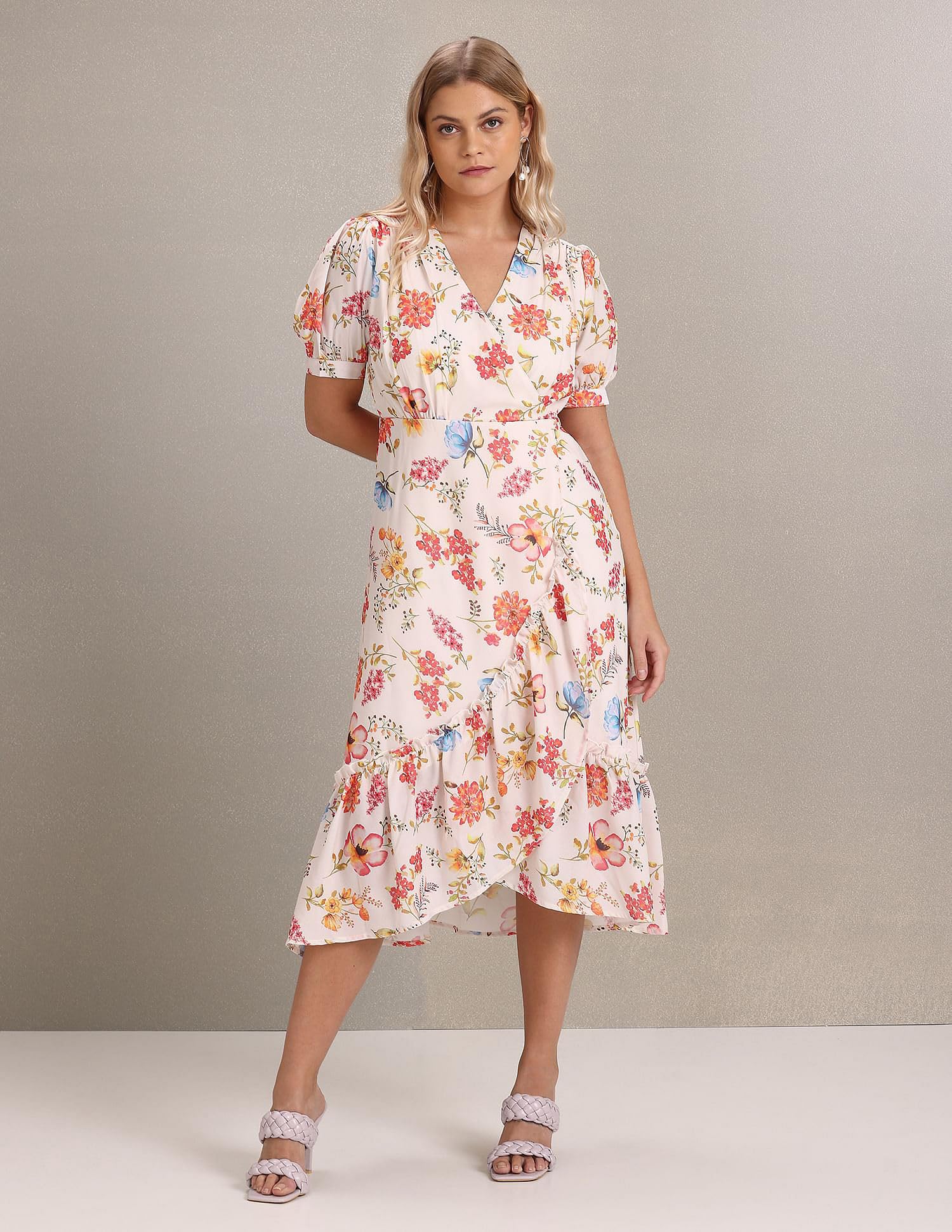 USPOLO Womens Women's Polyester WRAP Midi Casual Dress (White) - SaumyasStore