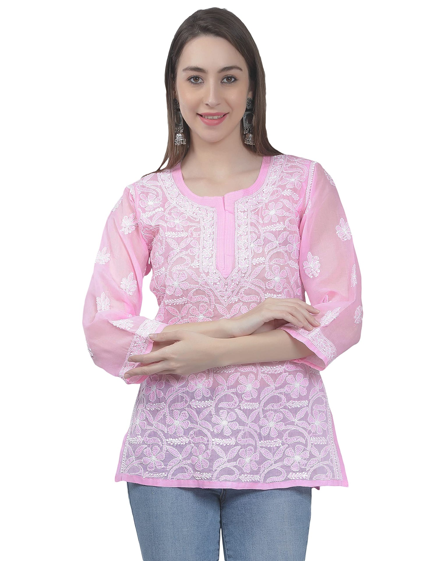 Seva Chikan Hand Embroidered Lucknowi Chikankari Pink Cotton Top Tunic for Women (Pink) - SaumyasStore
