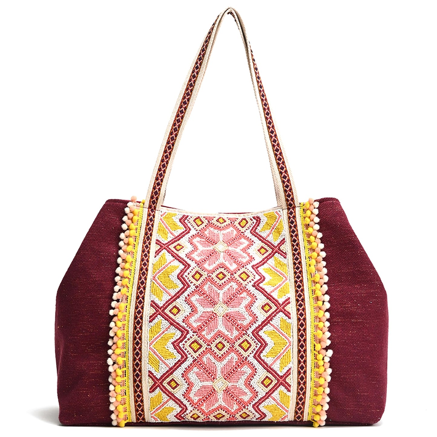 Boho Girl Geometric Beaded Maroon Tote with Pompom Tassles | Canvas Tote Bag for Women and Girls with Zip and Tassels - SaumyasStore