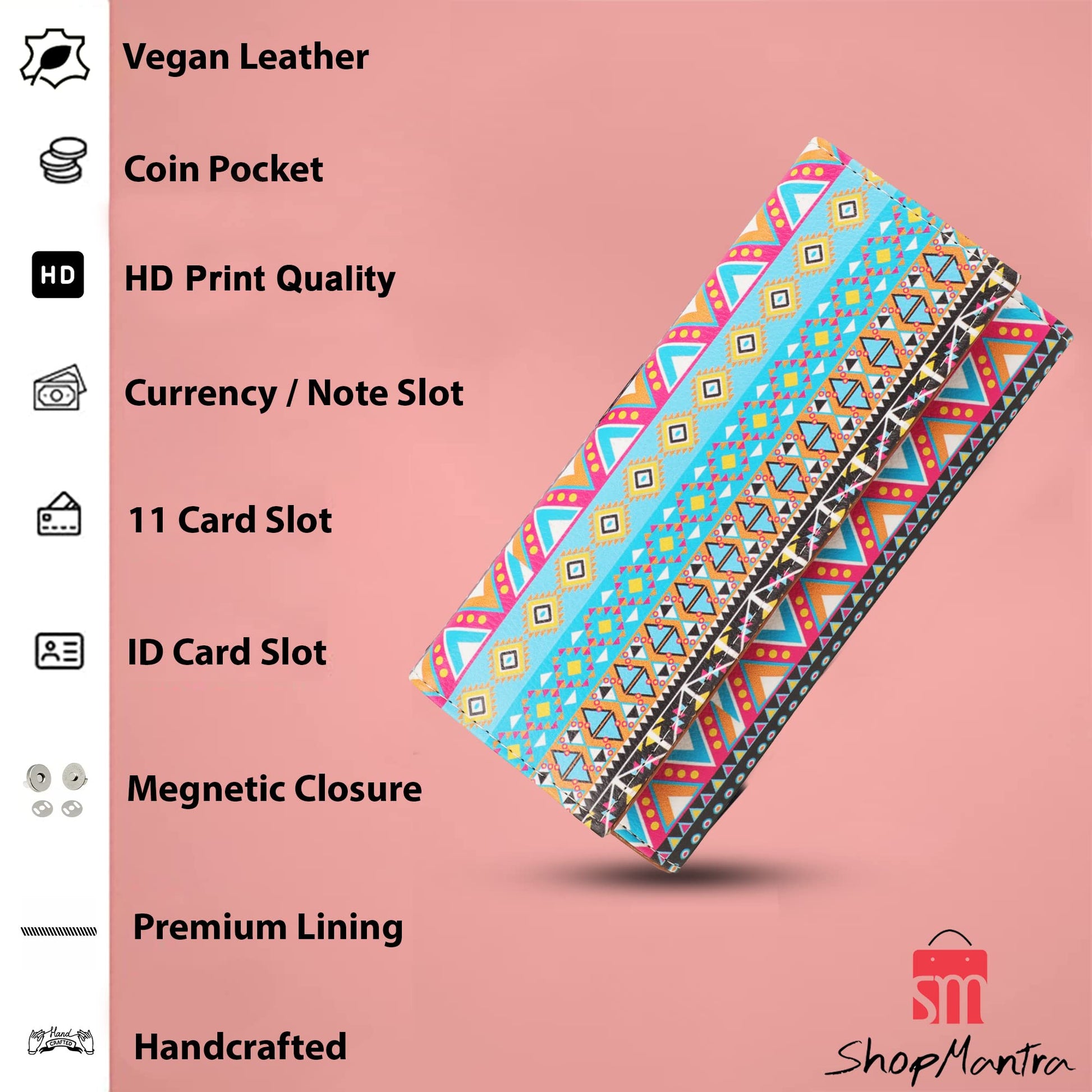 ShopMantra Women's Wallet Unique Print | Clutch | Vegan Leather | 11 Cards 1 ID Slot | 2 Notes and 1 Coin Compartment | Key Holder | Magnetic Closure | Multicolor-Ethnic Pattern - SaumyasStore
