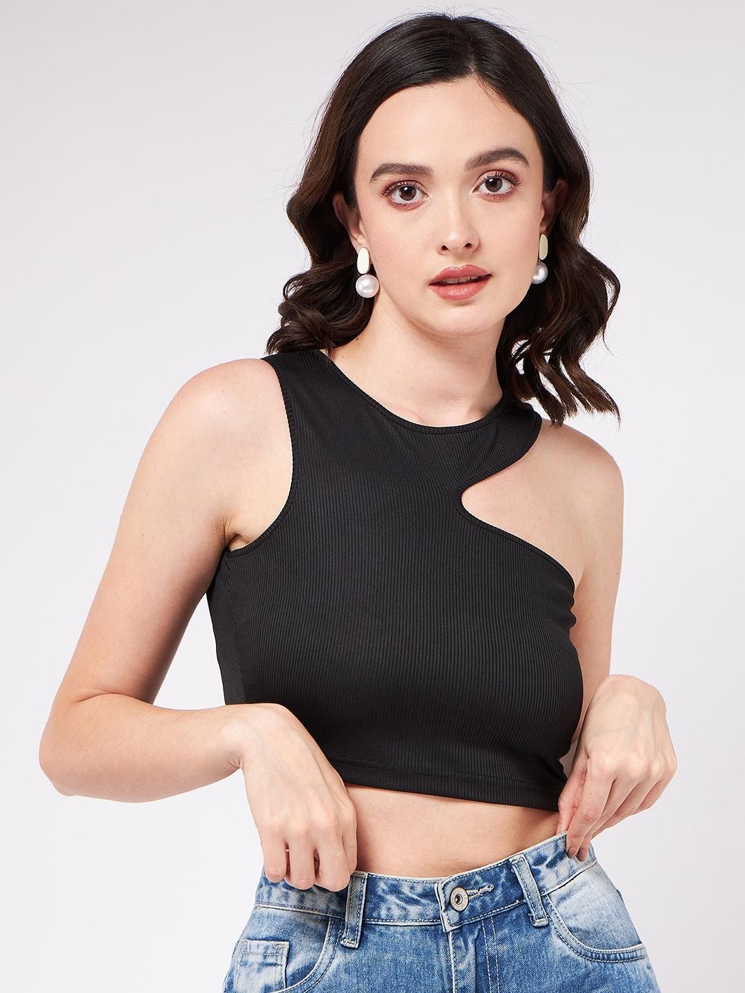Solid Asymmetric Cut-Out Rib Crop Top For Women's - SaumyasStore