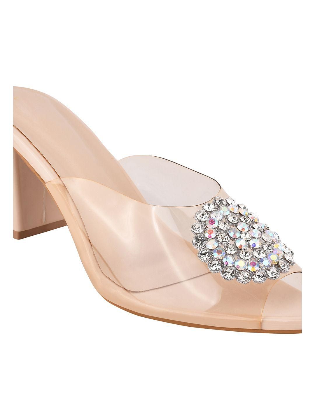 Transparent Block Heel Stone Studded Sandal For Women's - SaumyasStore