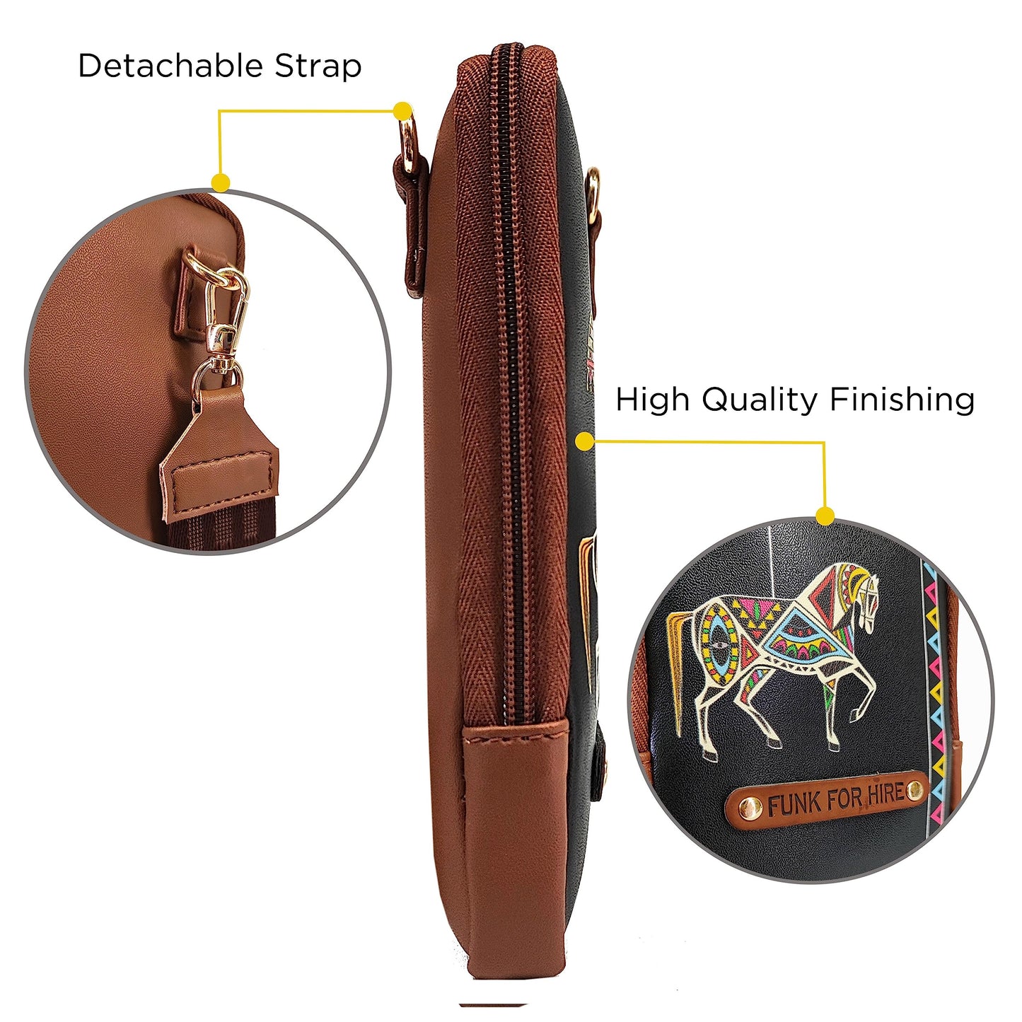 Funk For Hire Leatherette Horse Printed Mobile holder sling bag - Black and Brown - SaumyasStore