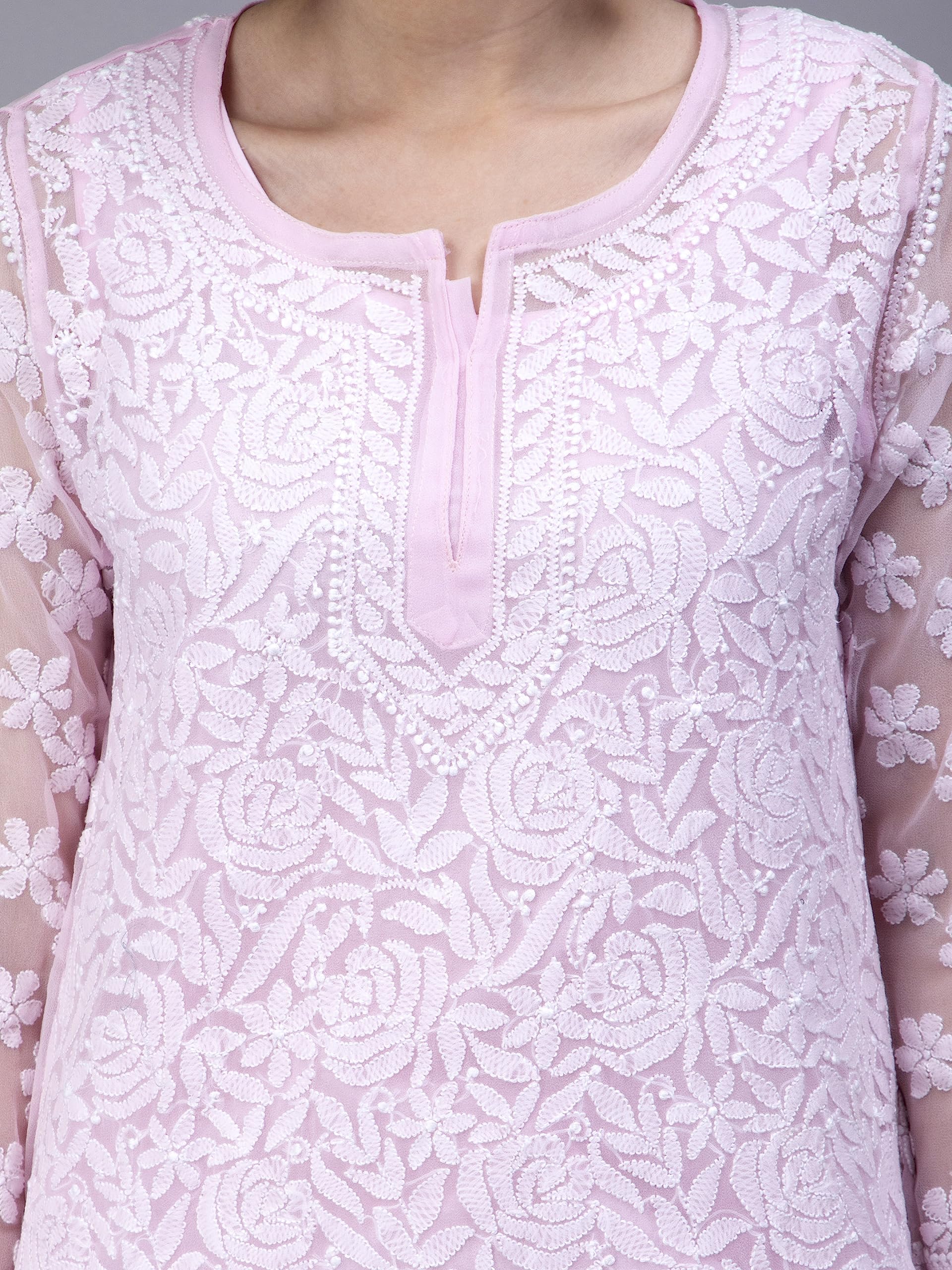 Seva Chikan Hand Embroidered Lucknowi Chikankari Pink Georgette Women Short Top & Tunic (Pink) - SaumyasStore