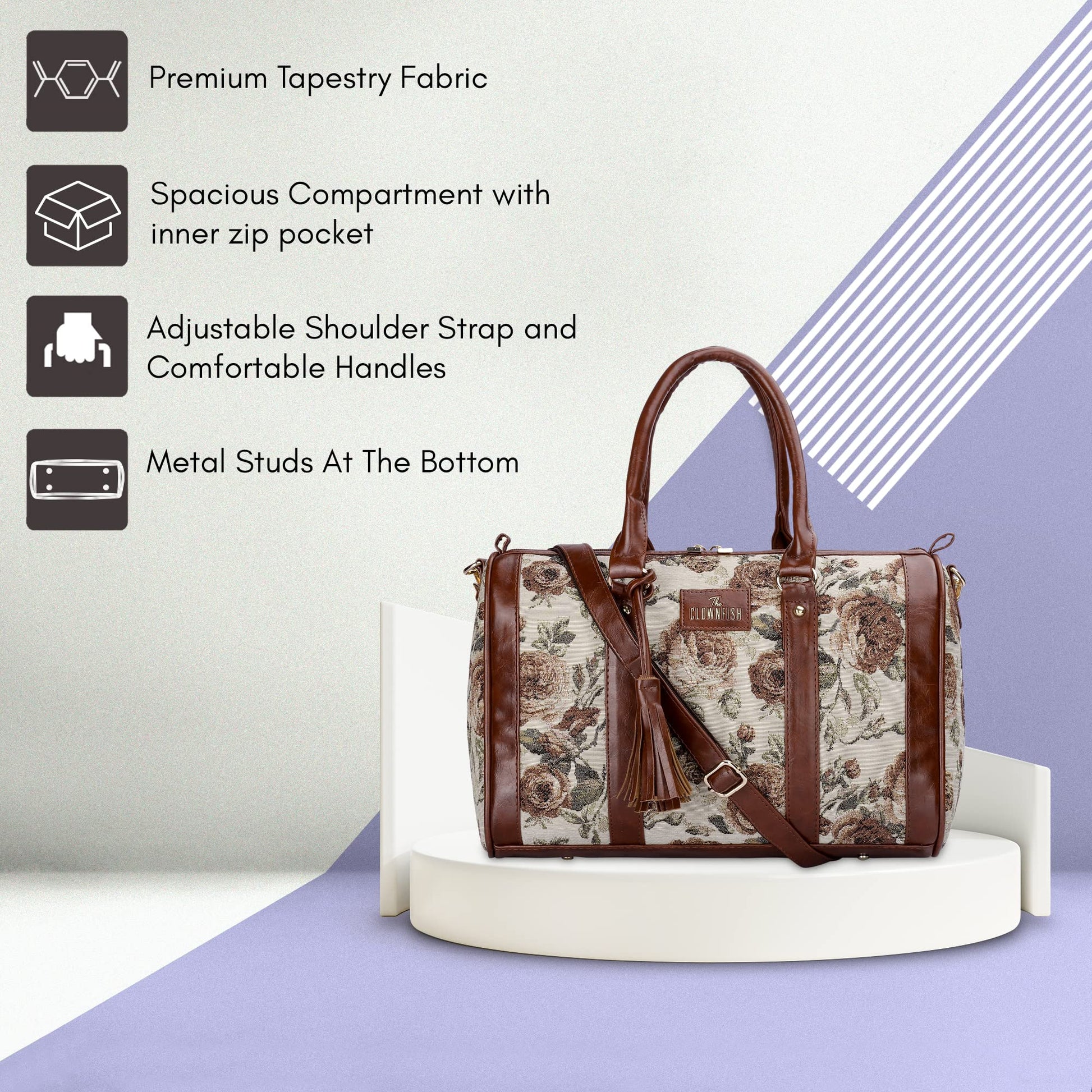 THE CLOWNFISH Lorna Tapestry Fabric & Faux Leather Handbag Sling Bag for Women Office Bag Ladies Shoulder Bag Tote For Women College Girls (Brown-Floral) - SaumyasStore