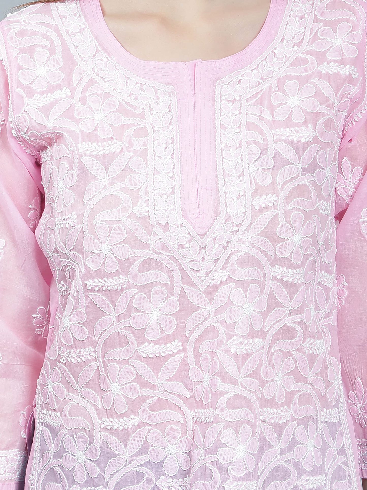 Seva Chikan Hand Embroidered Lucknowi Chikankari Pink Cotton Top Tunic for Women (Pink) - SaumyasStore