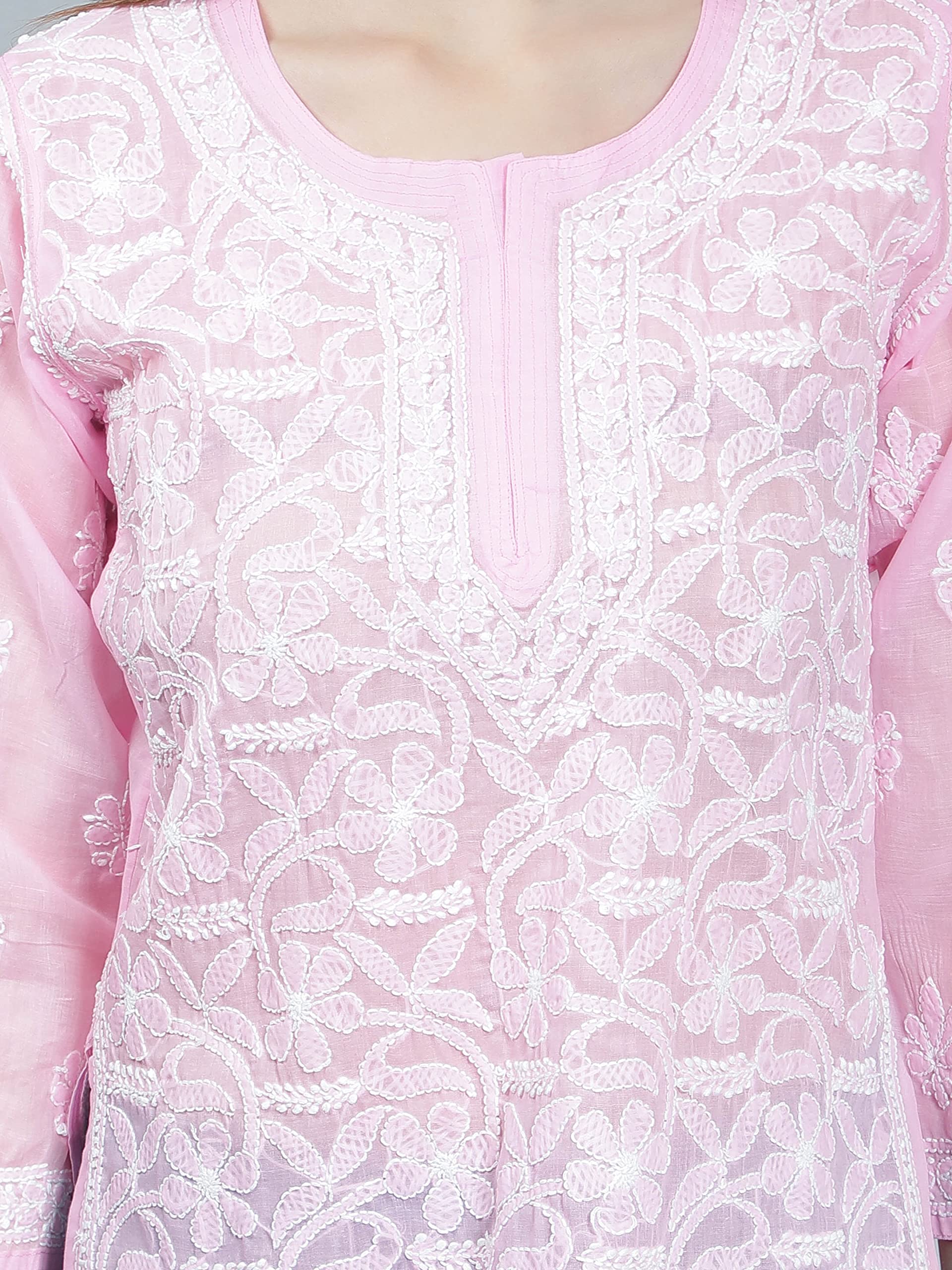 Seva Chikan Hand Embroidered Lucknowi Chikankari Pink Cotton Top Tunic for Women (Pink) - SaumyasStore