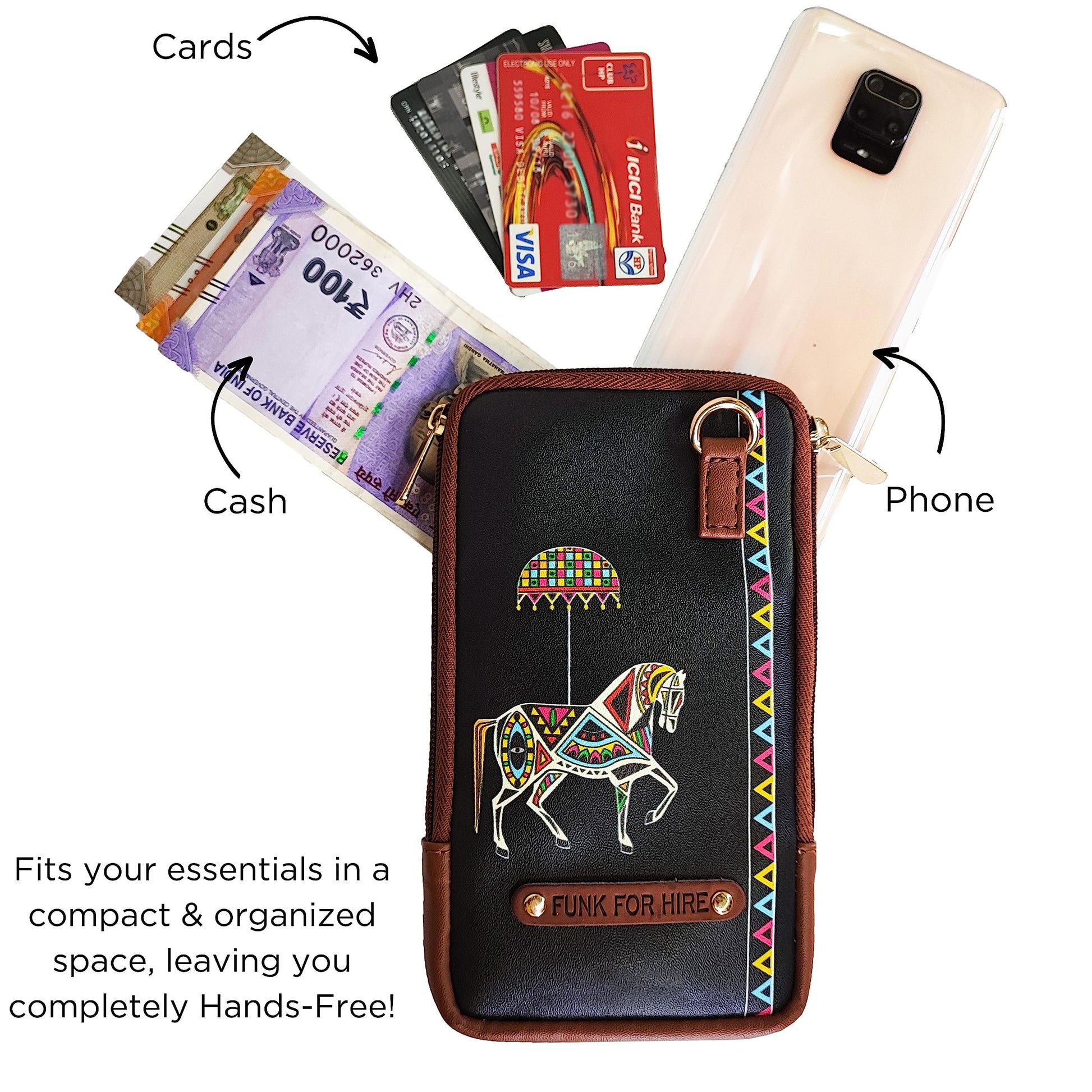 Funk For Hire Leatherette Horse Printed Mobile holder sling bag - Black and Brown - SaumyasStore