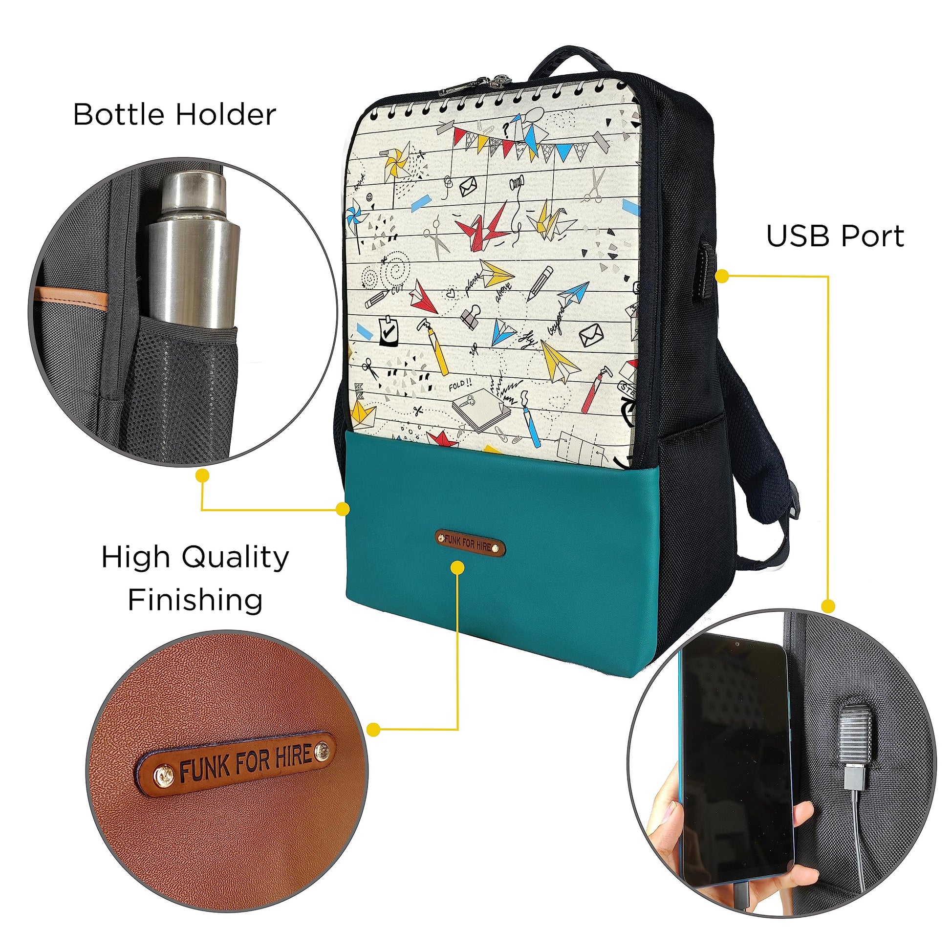 Funk For Hire Printed Leatherette 15.6" inch Laptop Backpack with USB Charging Port - White & Black - SaumyasStore