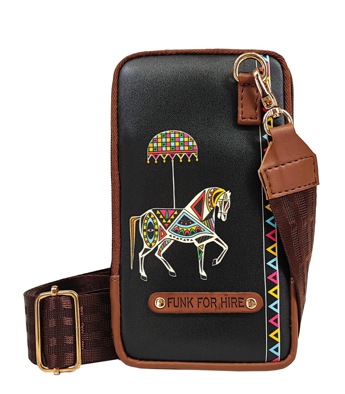 Funk For Hire Leatherette Horse Printed Mobile holder sling bag - Black and Brown - SaumyasStore