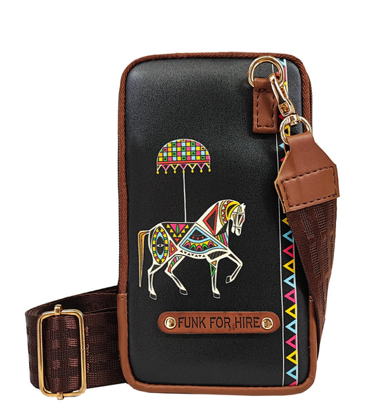Funk For Hire Leatherette Horse Printed Mobile holder sling bag - Black and Brown - SaumyasStore