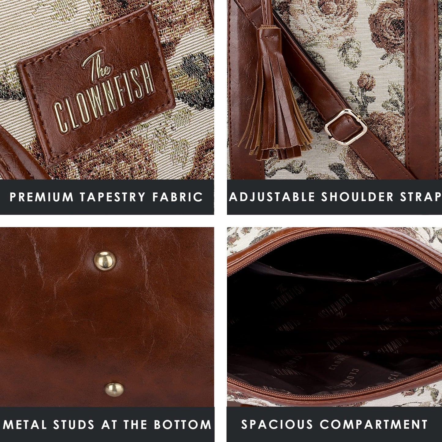 THE CLOWNFISH Lorna Tapestry Fabric & Faux Leather Handbag Sling Bag for Women Office Bag Ladies Shoulder Bag Tote For Women College Girls (Brown-Floral) - SaumyasStore